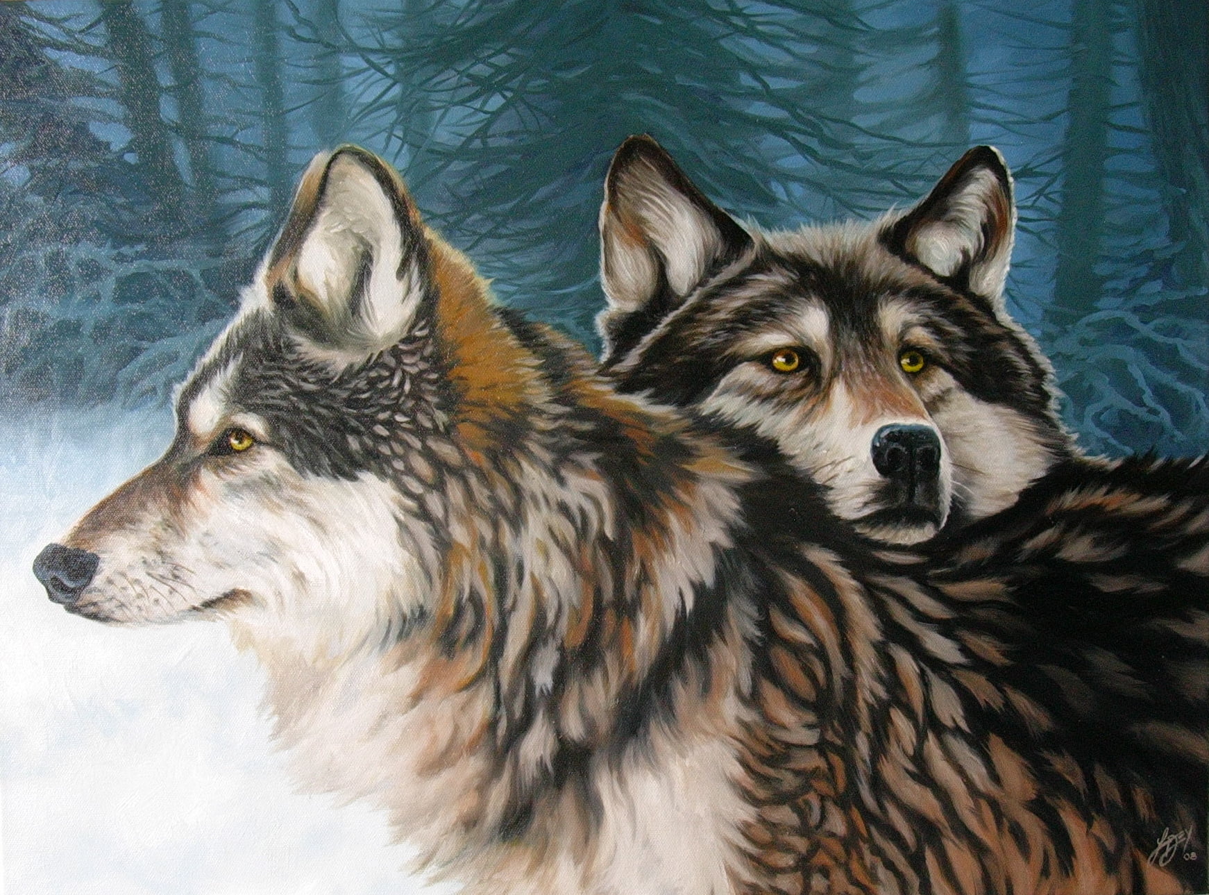 two brown wolves painting, winter, forest, loyalty, pair, ART
