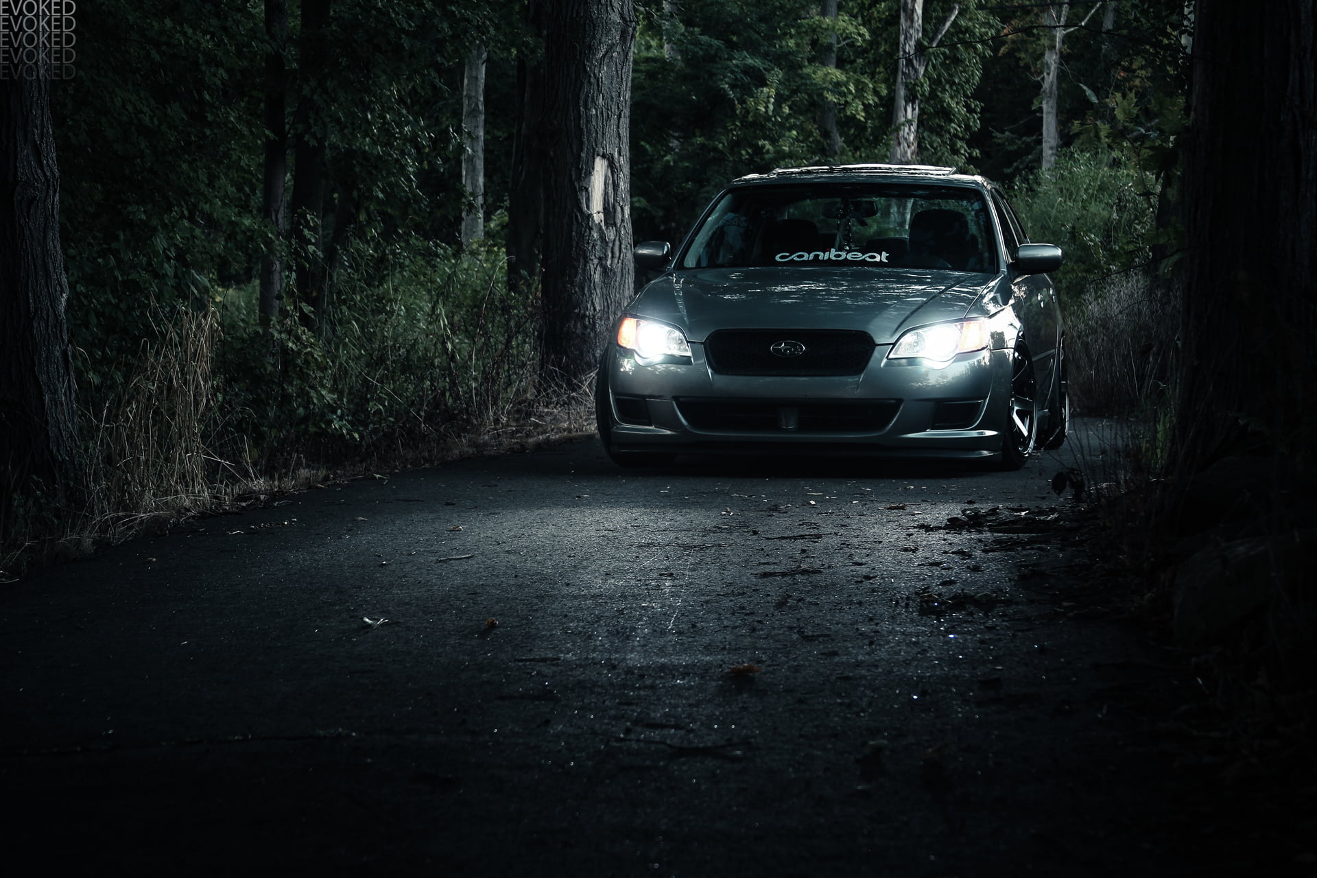 grey Subaru Impreza, road, forest, light, lights, legacy, car