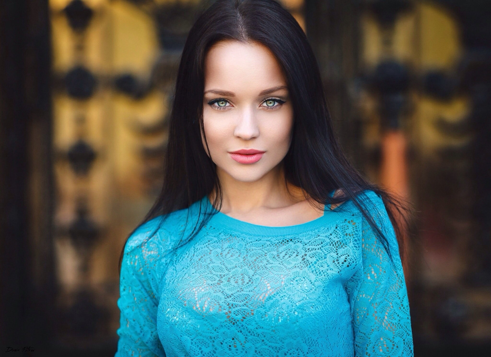 women's blue lace scoop-neck top, Angelina Petrova, model, face