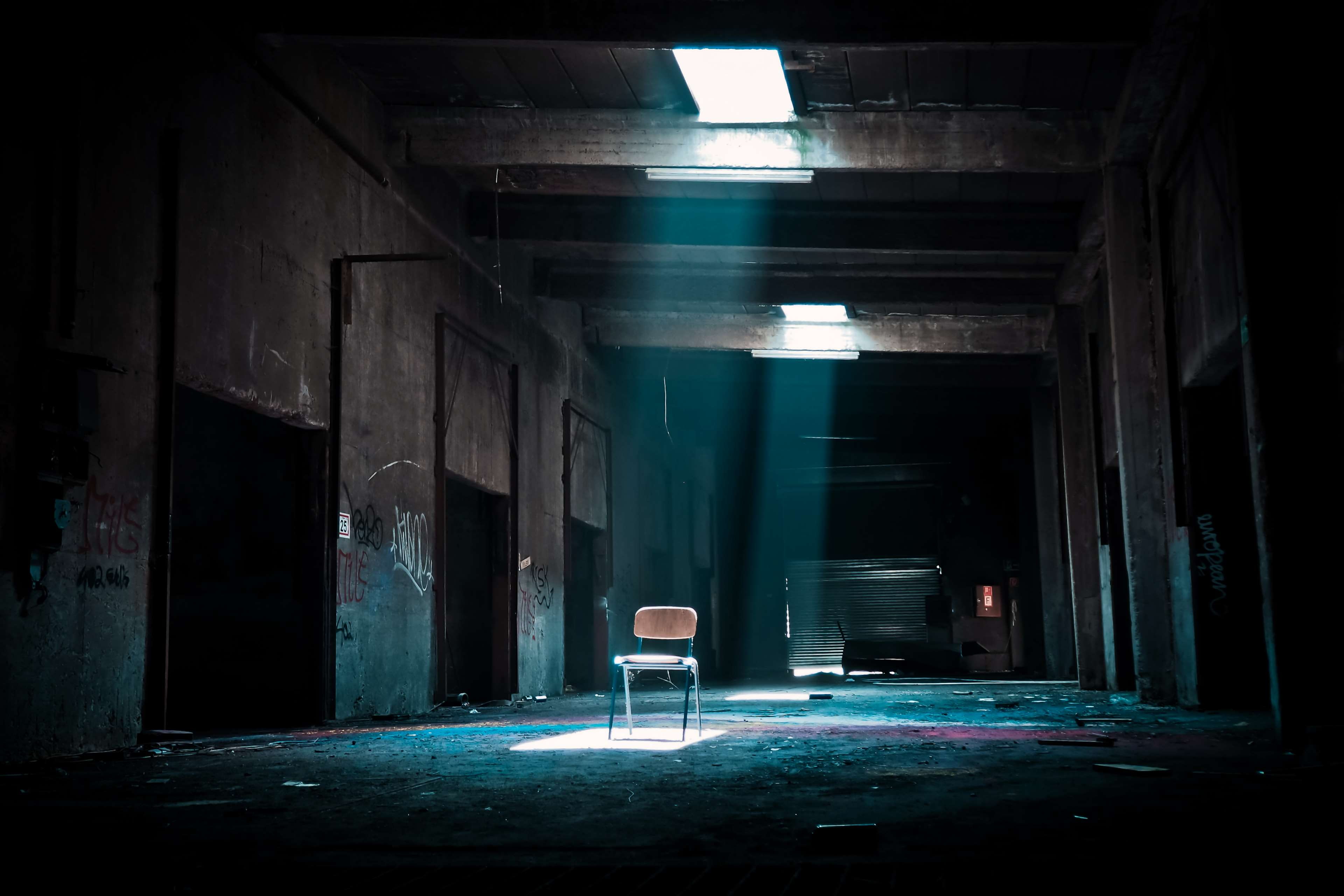 abandoned, broken, chair, creepy, dark, dilapidated, dirty