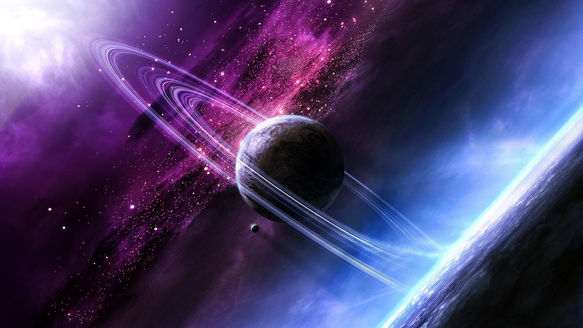 illustration of planet in galaxy, space, planetary rings, purple