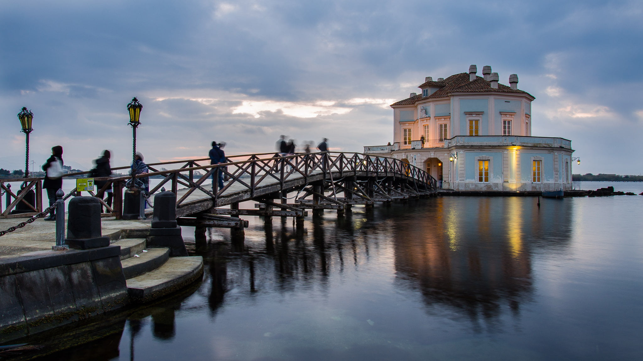 Casina, bridge, lights, lake, Italy, Campania, Naples, lake Fusaro