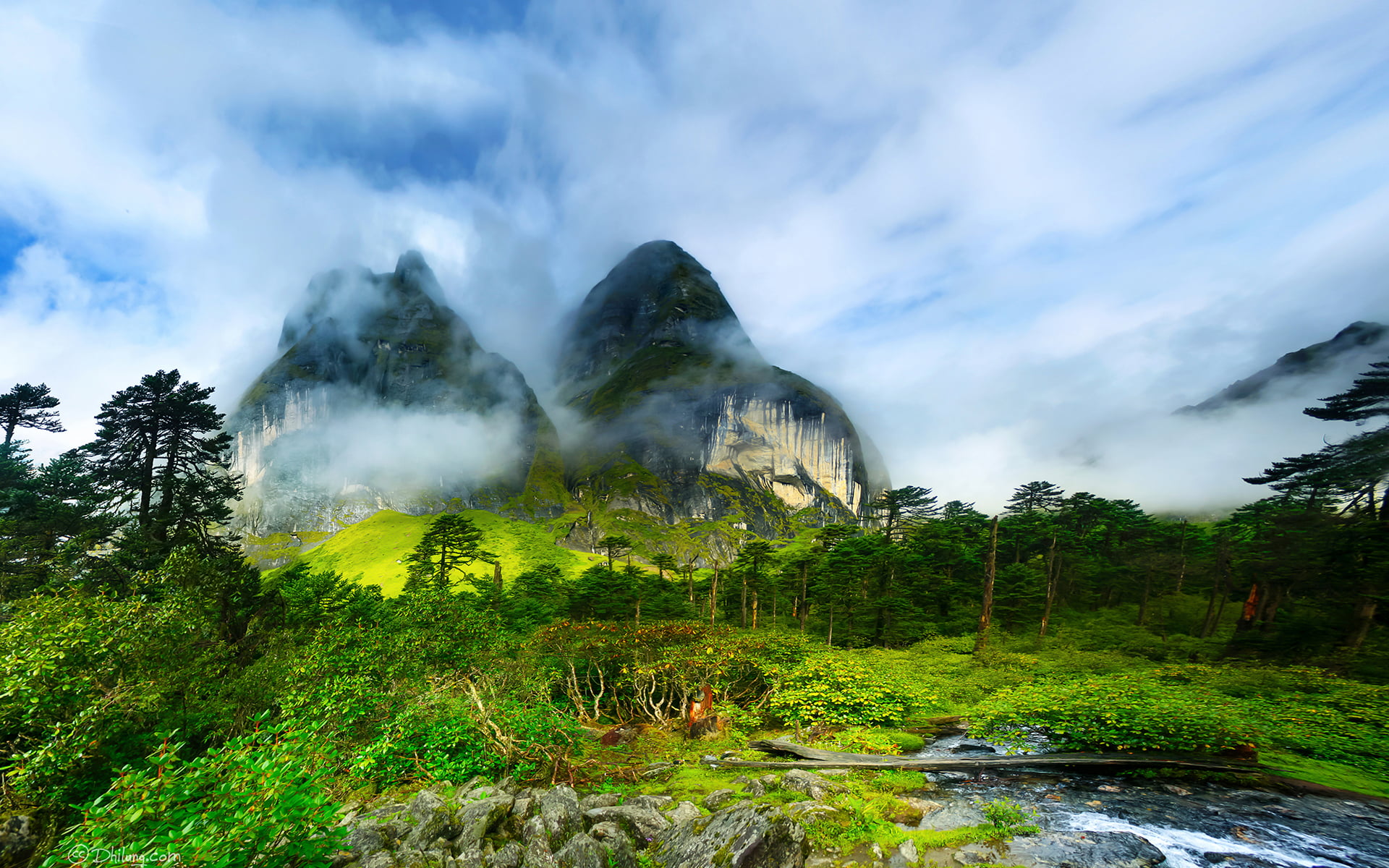 green mountain near tall trees under white cloud blue skies, nepal, barun valley, nepal, barun valley
