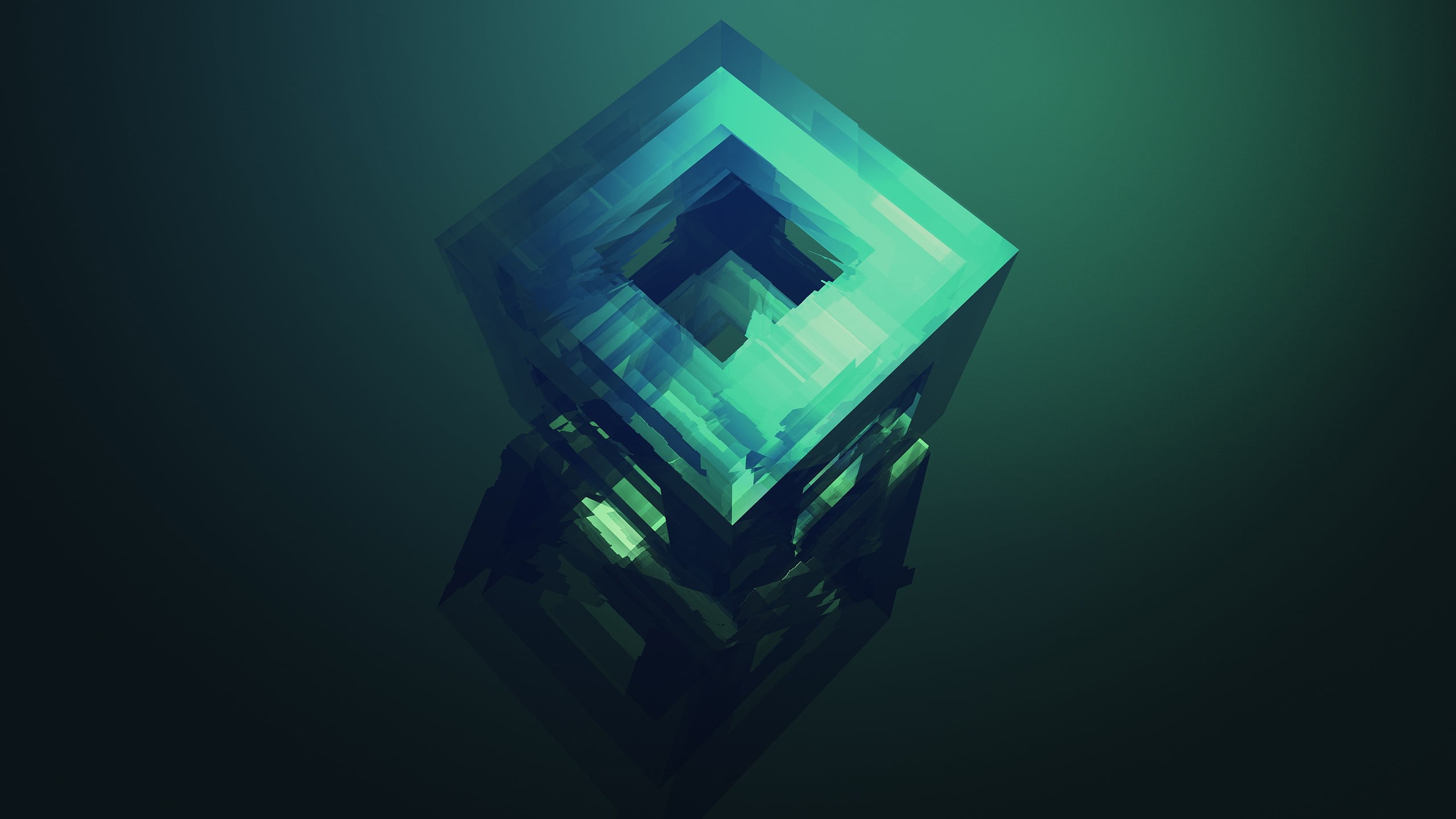 black and gray abstract cube, square green cube digital wallpaper