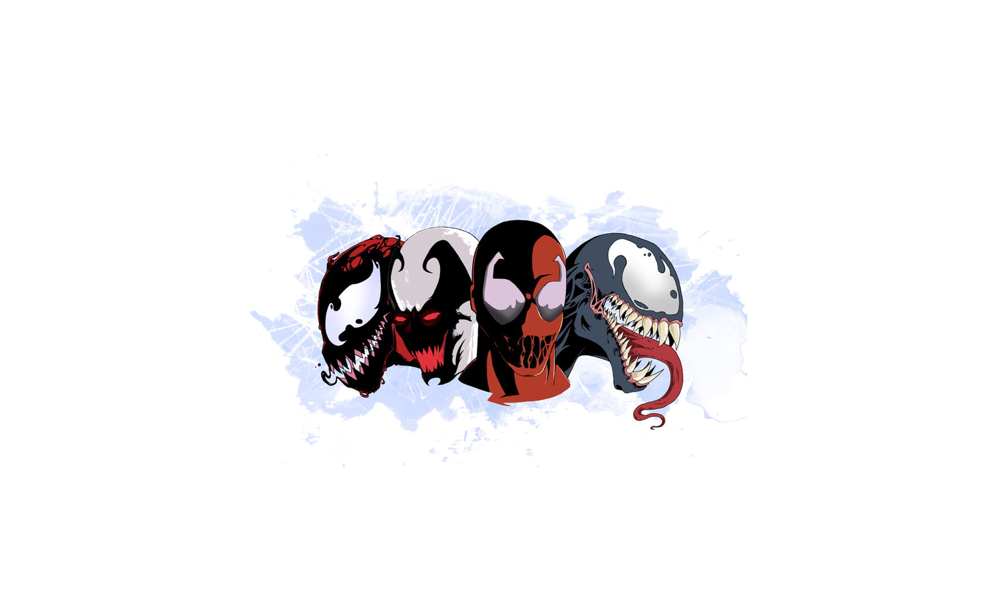 four assorted masks, marvel, venom, carnage, symbiote, toxin