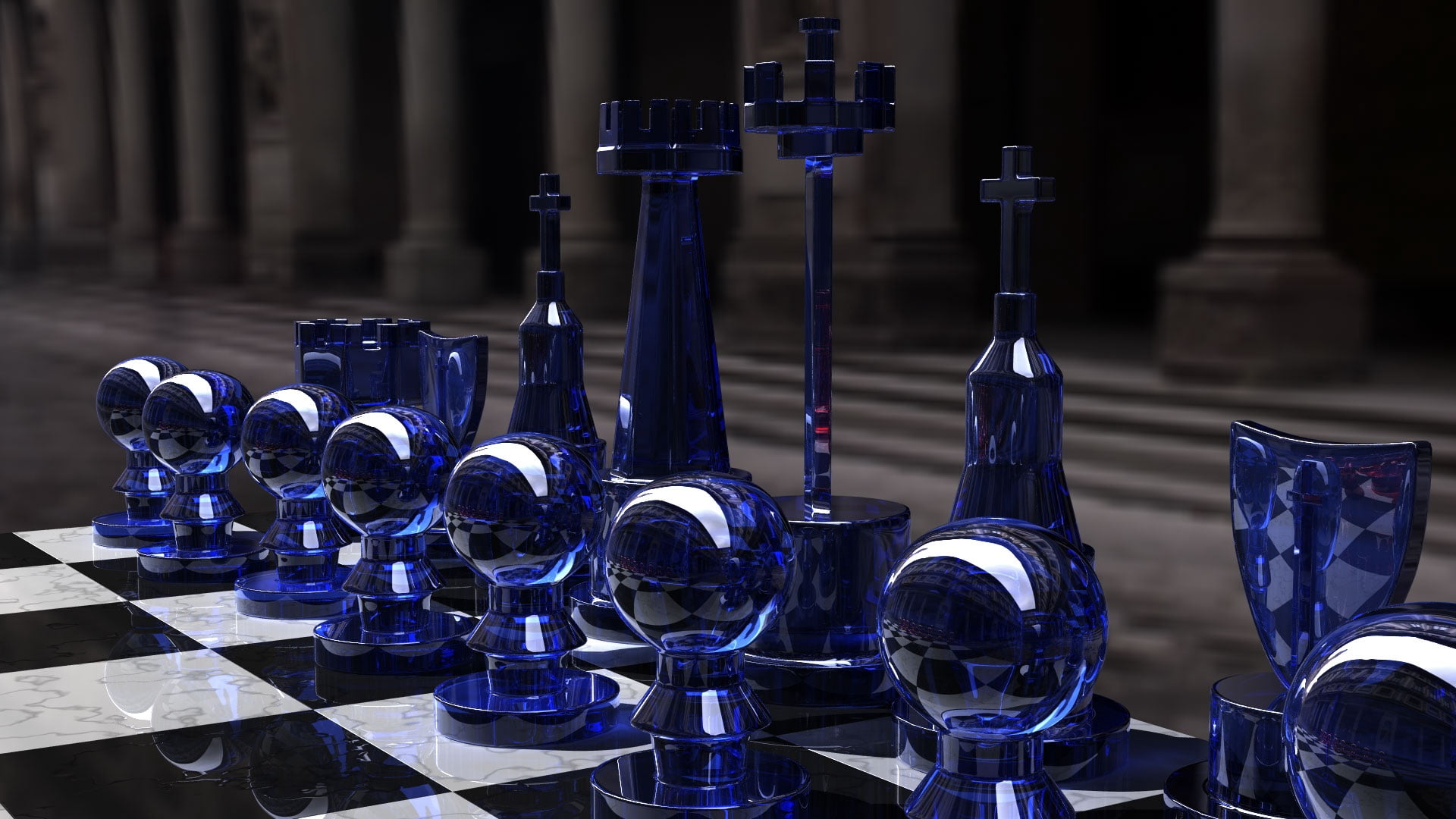 blue glass chess piece set, silver, table, form, equipment, backgrounds