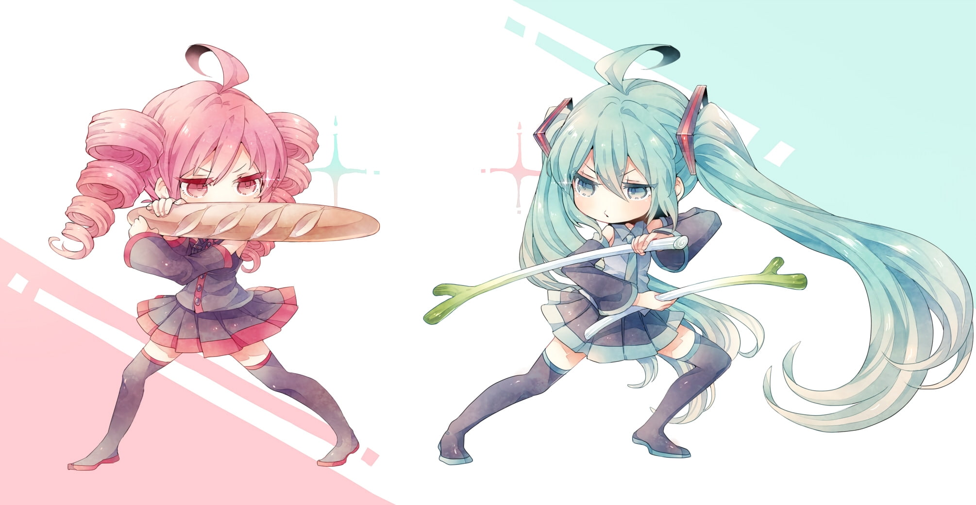 hatsune miku, kasane teto, food fight, chibis, vocaloid, Anime