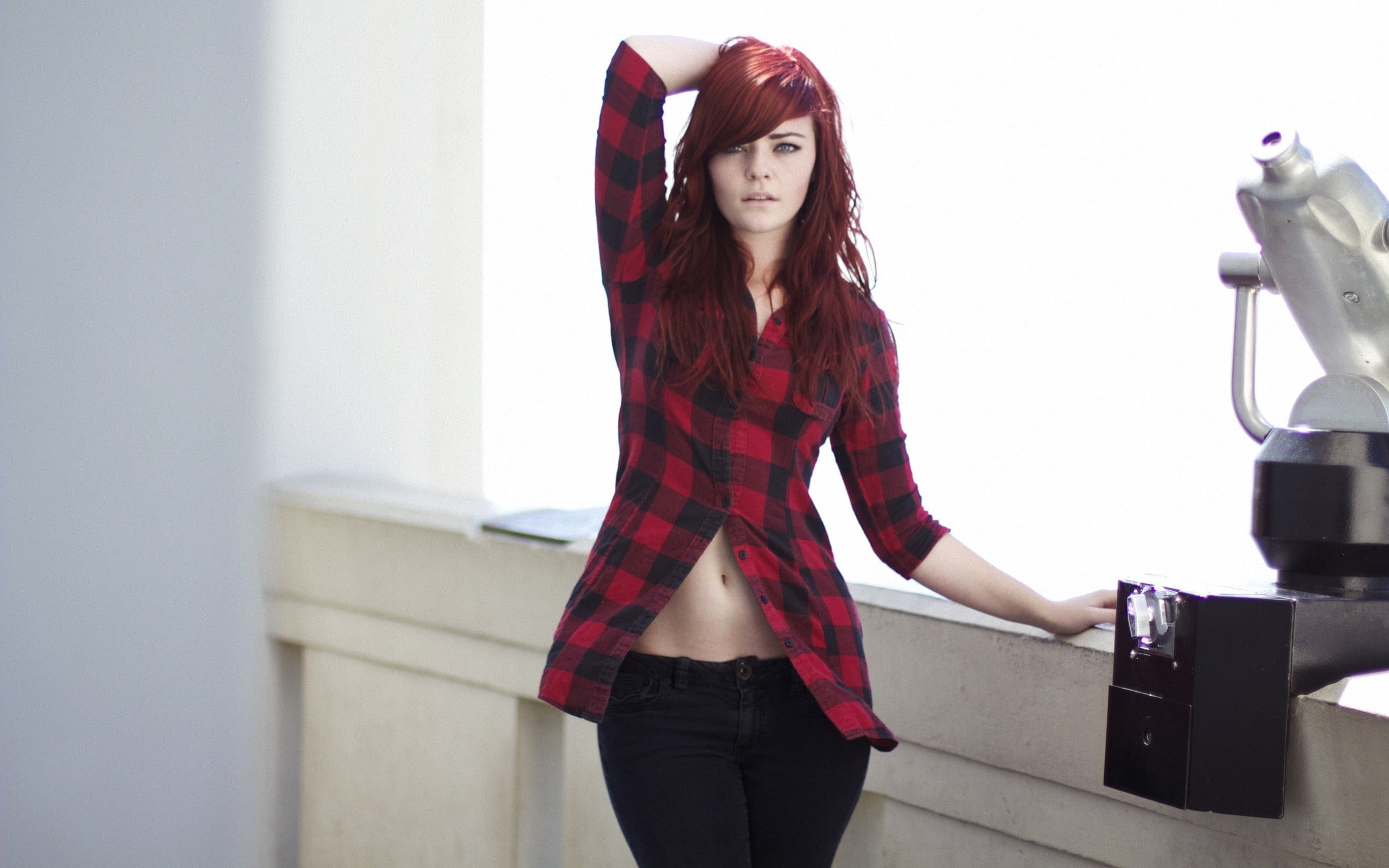 women's black and red plaid flannel shirt, redhead, Kayla Maree