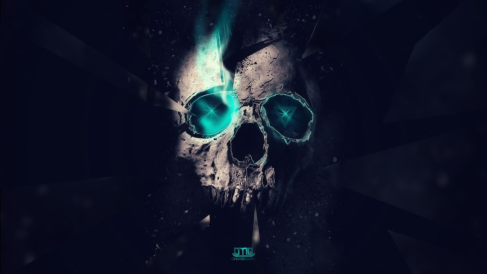 human skull illustration, artwork, neon, digital art, cyan, black background