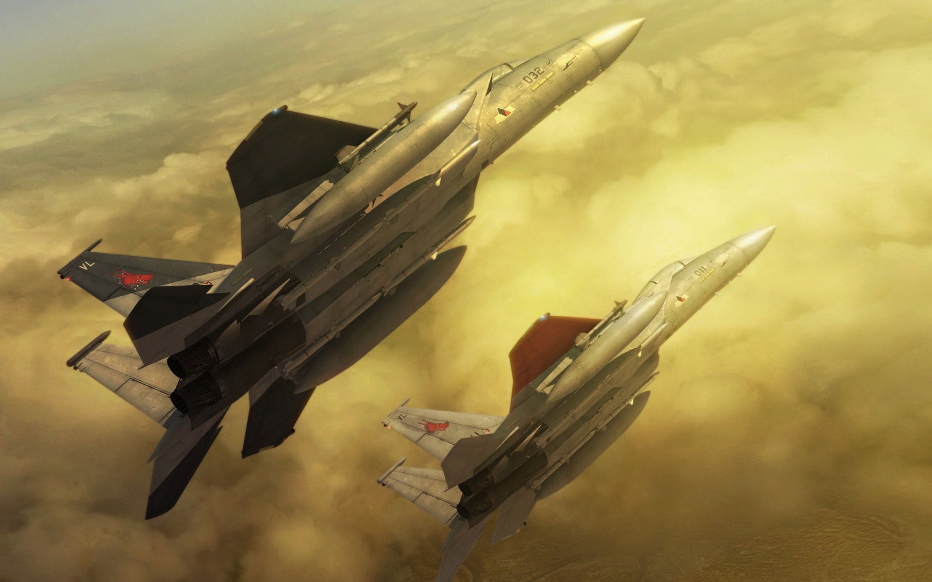 two black and gray jet planes, ace combat, fighters, clouds, sunlight