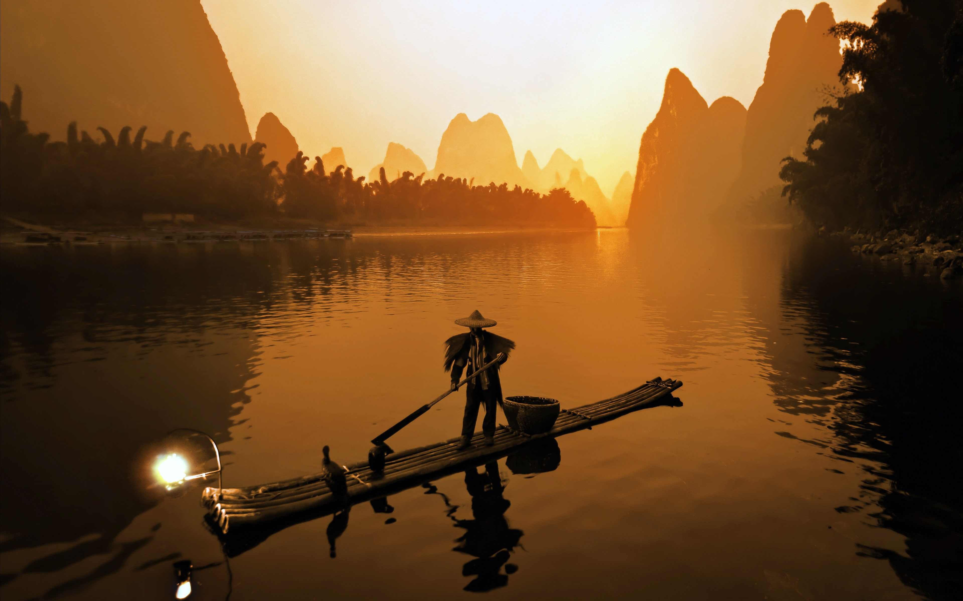 Guilin China Lijiang River Fisherman, water, sky, sunset, reflection