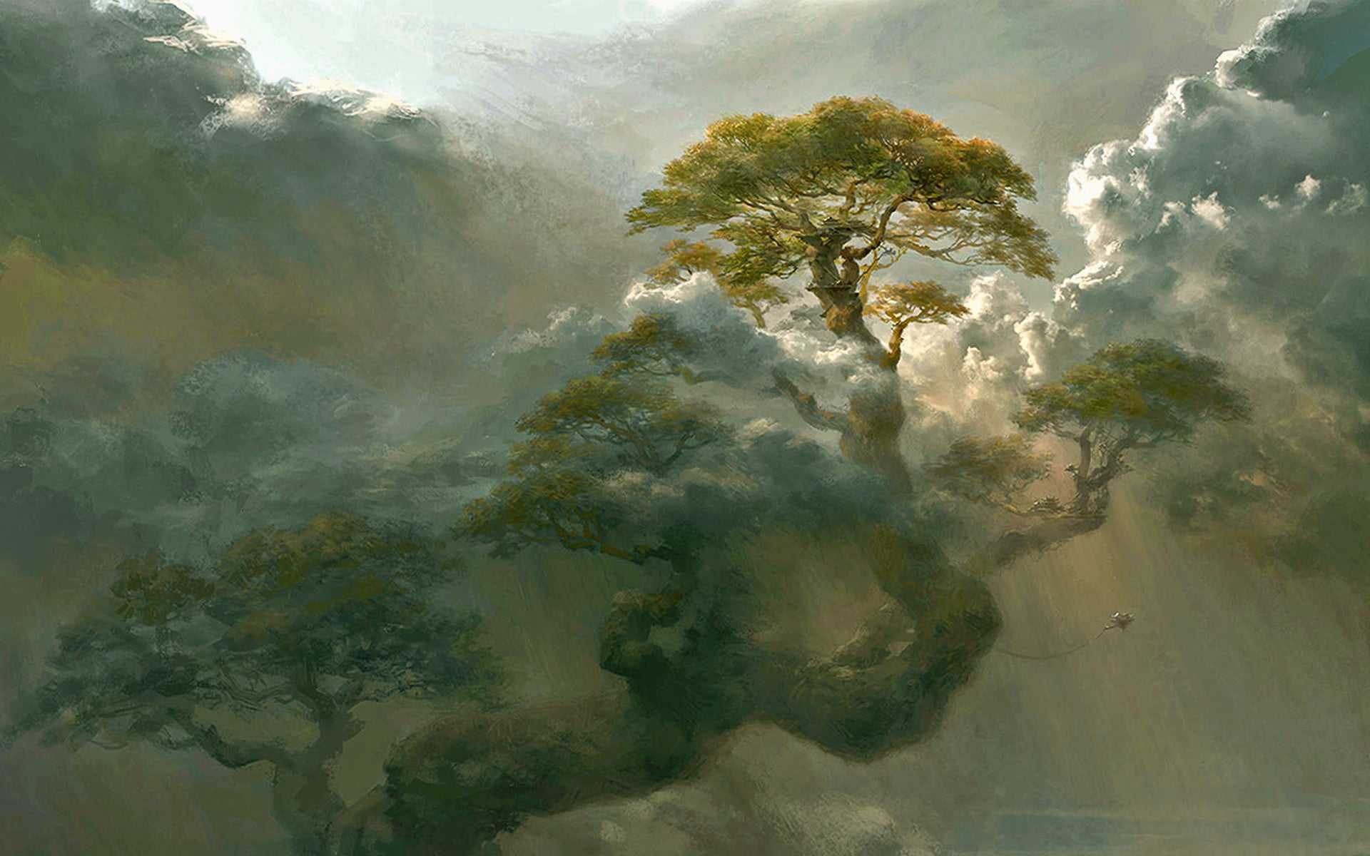 tree covered with clouds painting, fantasy art, plant, beauty in nature