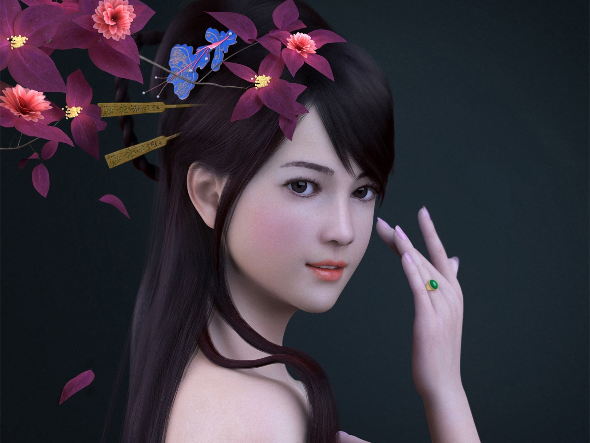 Render asian girl, flowers, ring