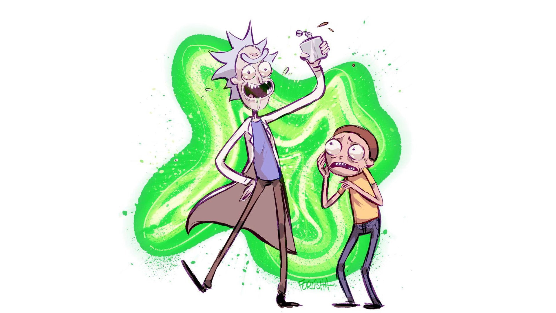 rick and morty, white background, green color, studio shot