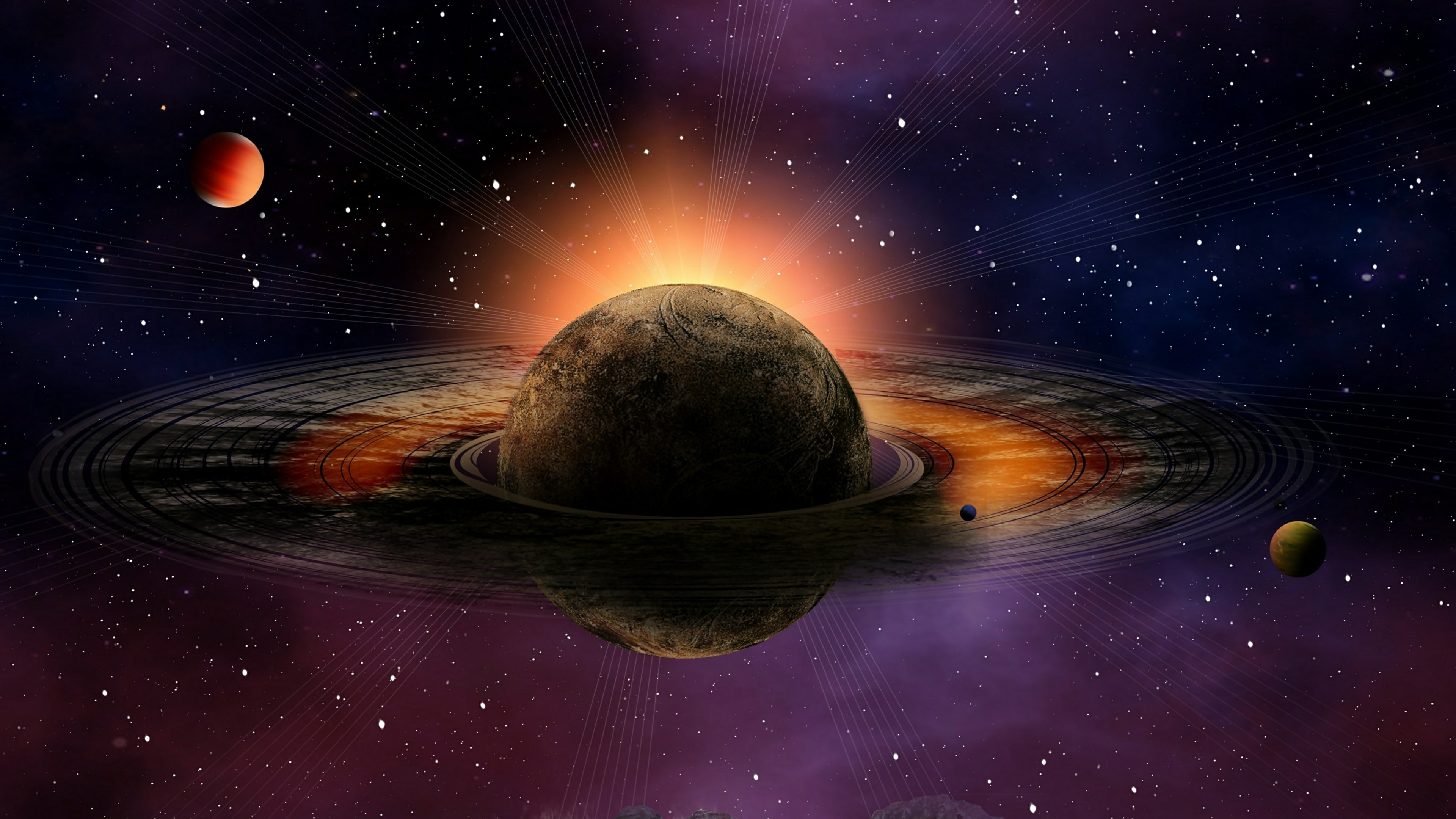 3d, planetary ring, ringed planet, space art, moons, universe