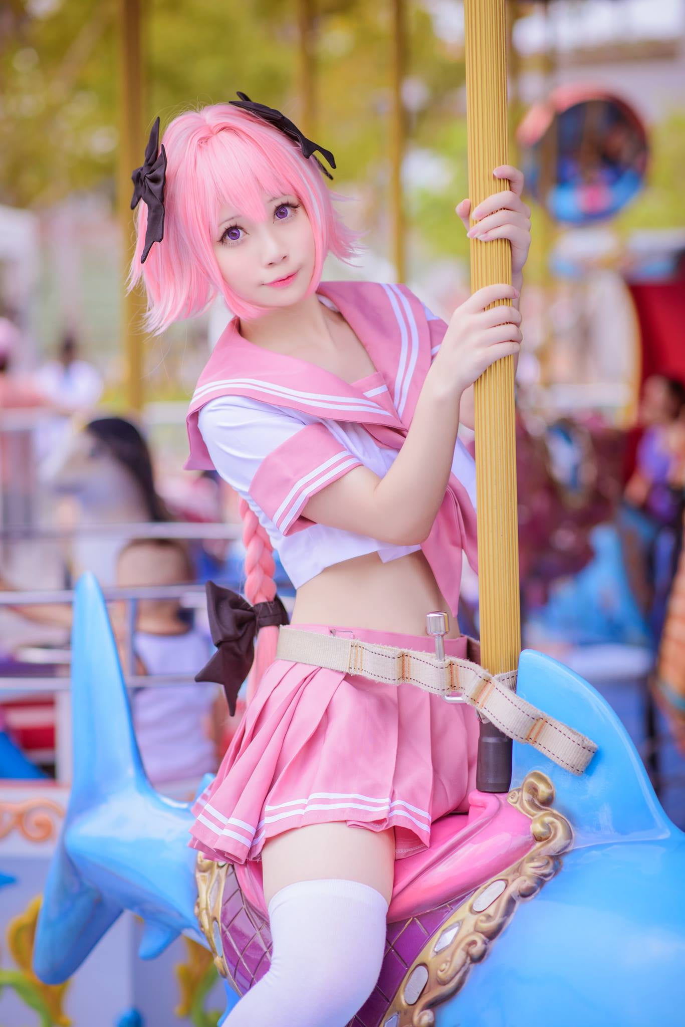 women's pink and white uniform, cosplay, Asian, pink hair, dyed hair