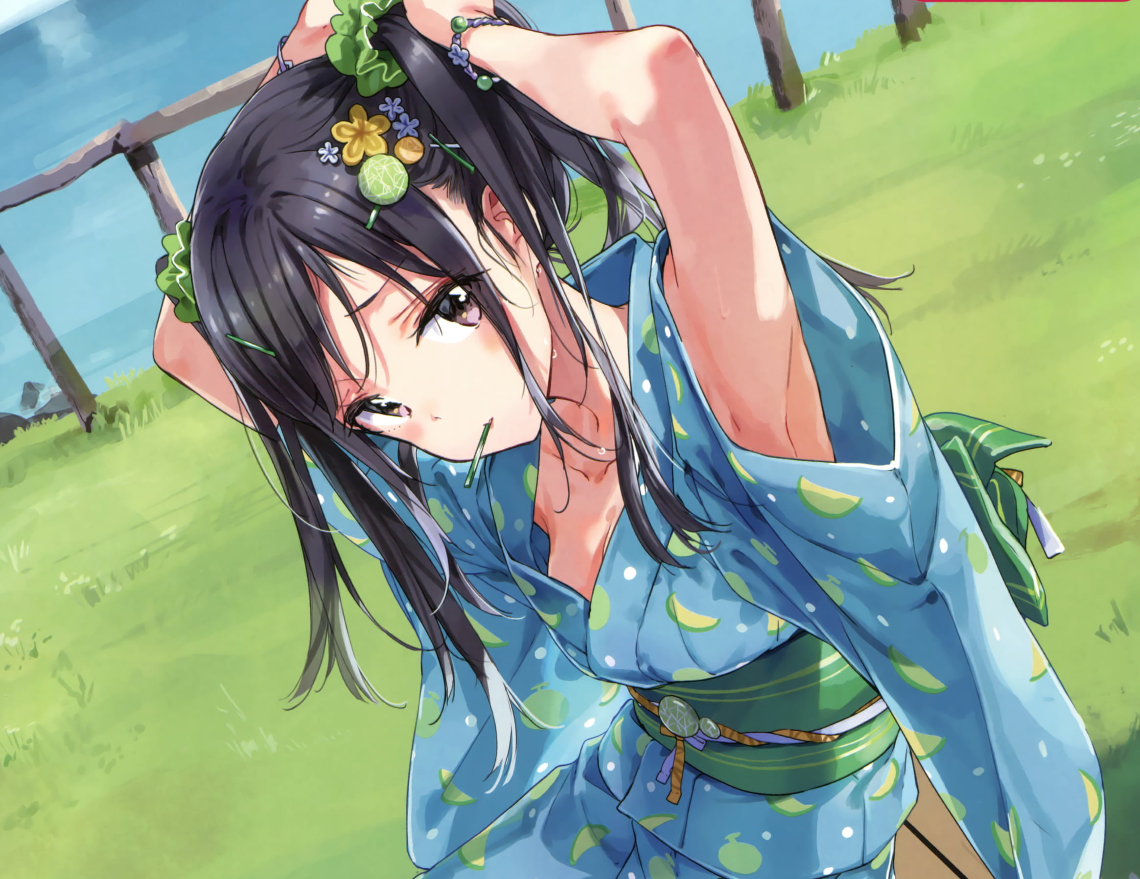 anime, anime girls, arms up, dark hair, dark eyes, outdoors