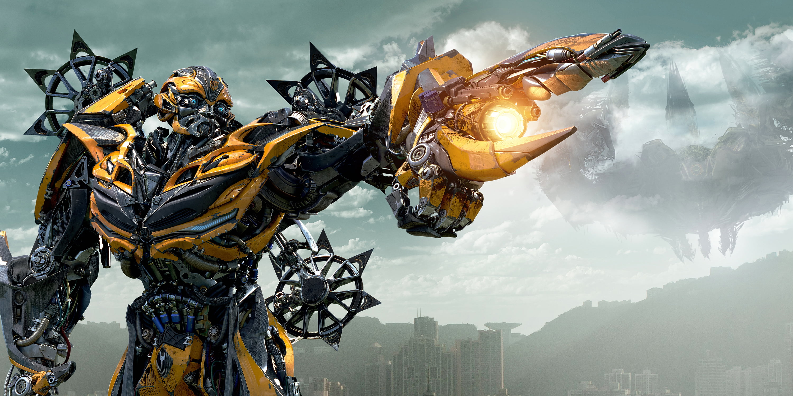 Bumble Bee wallpaper, the sky, yellow, clouds, the city, weapons