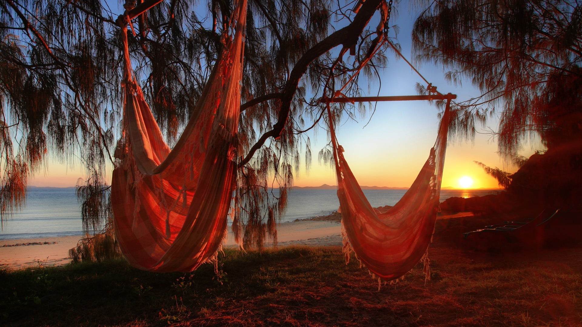 two brown hammocks, beach, sunlight, relaxing, sunset, tranquility