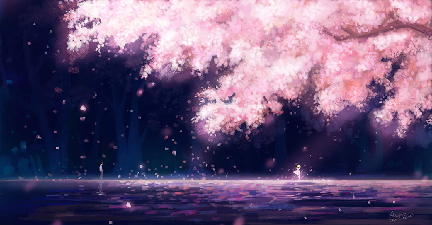 cherry blossom illustration, anime girls, trees, Shigatsu wa Kimi no Uso