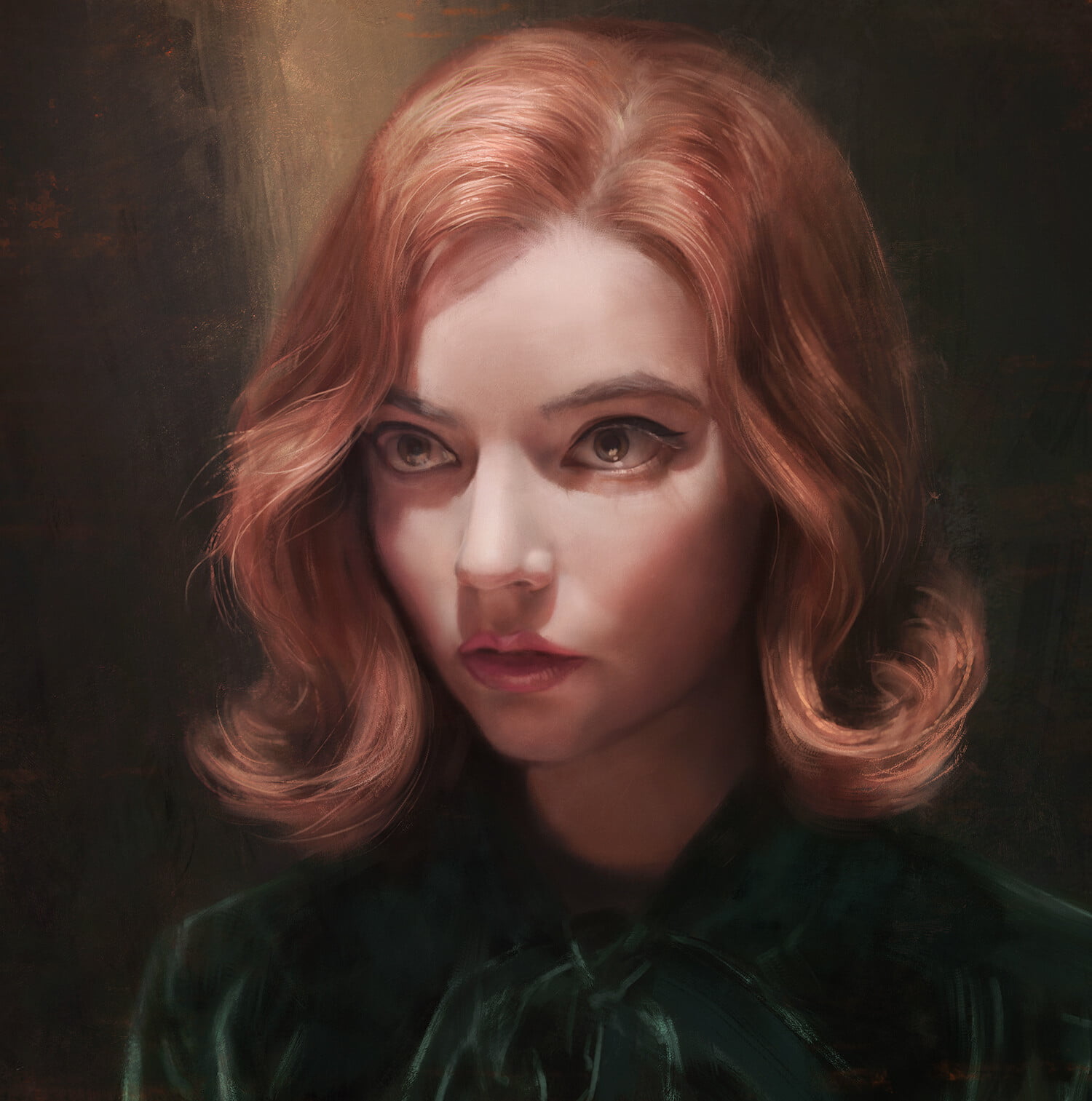 portrait, short hair, redhead, women, digital art, digital painting