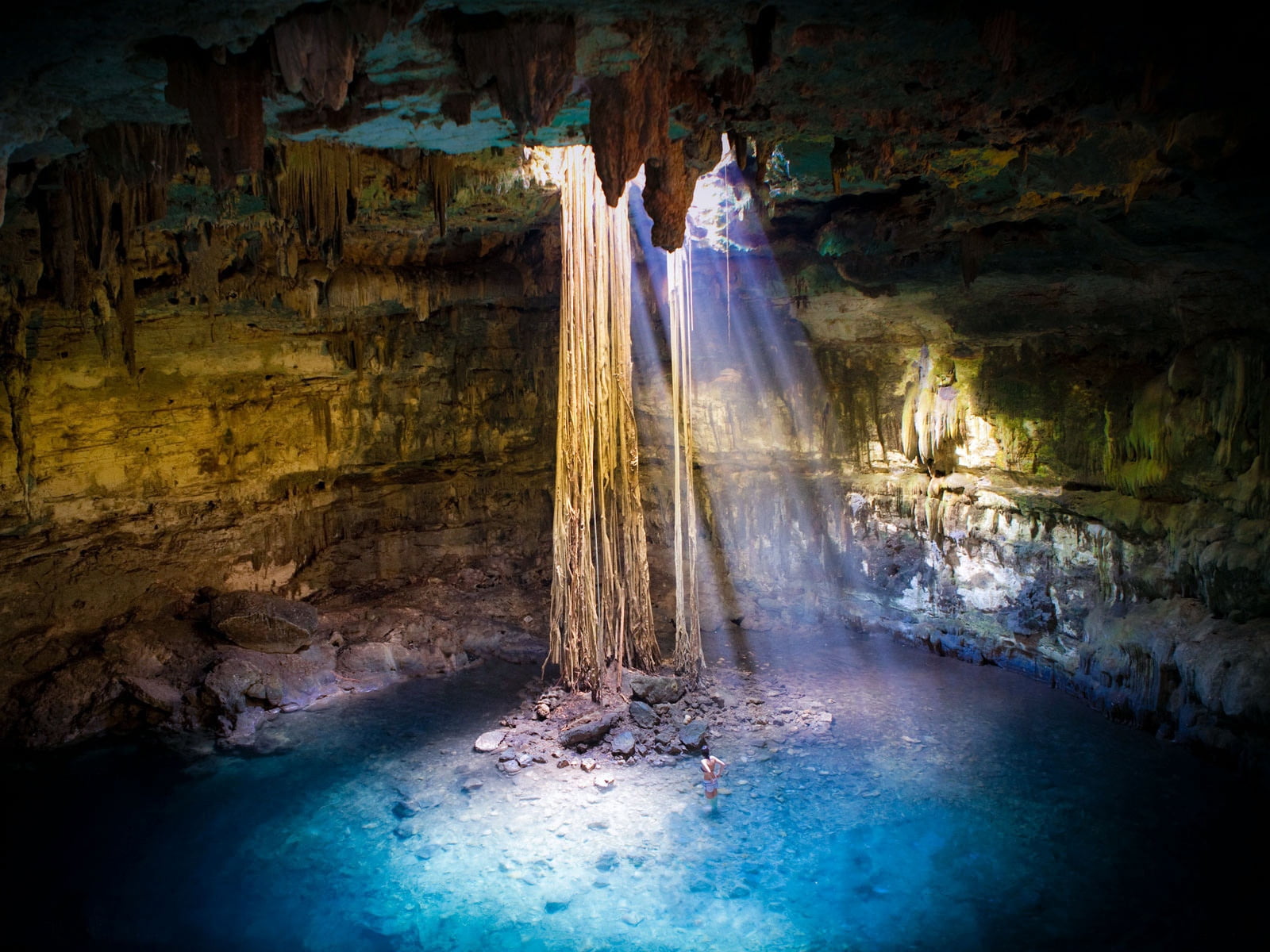underground cave, light, beams, azure, hole, stalactite, stalagmite