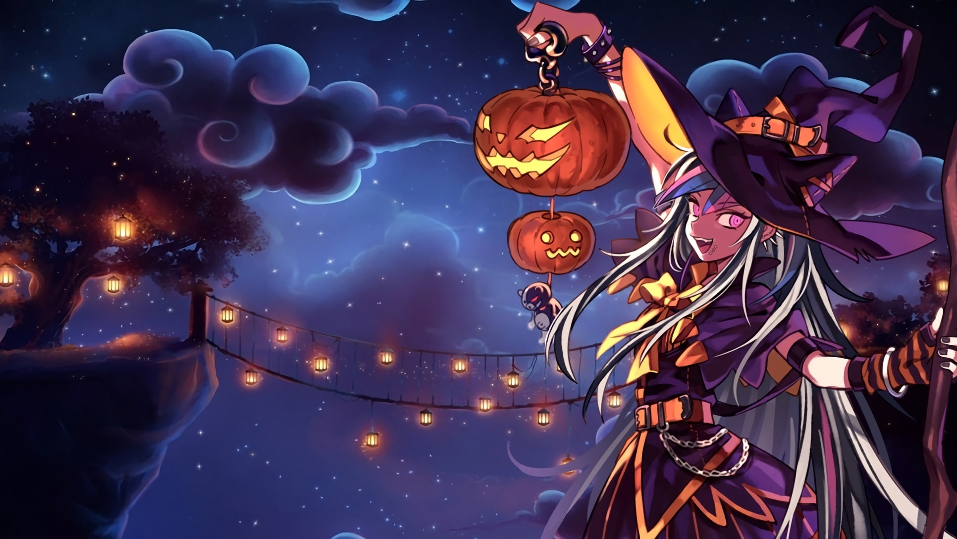 Danganronpa, Halloween, witch, anime girls, Jack O Lantern
