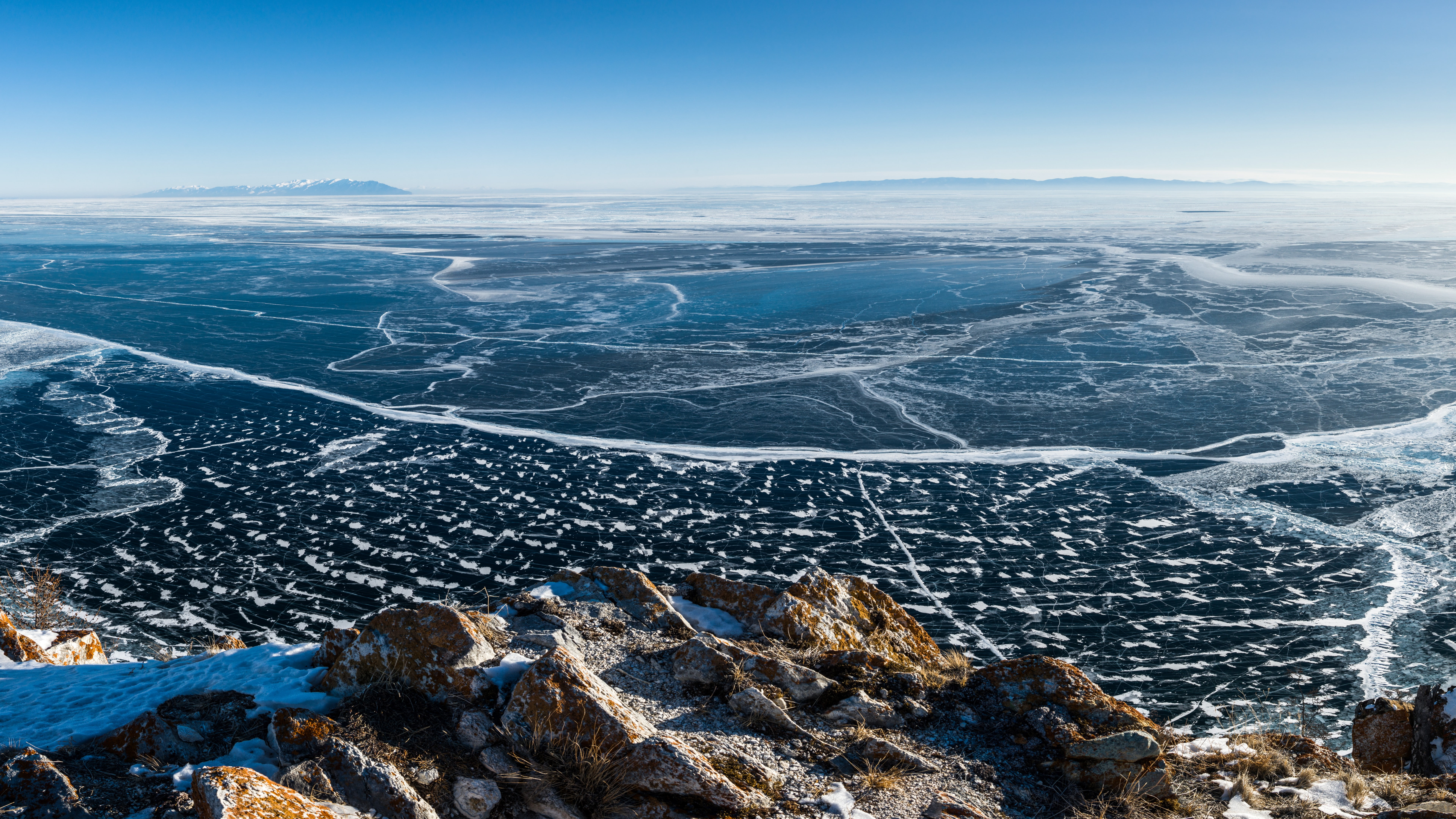 aerial view on top of mountain, Lake Baikal, ice, 8k