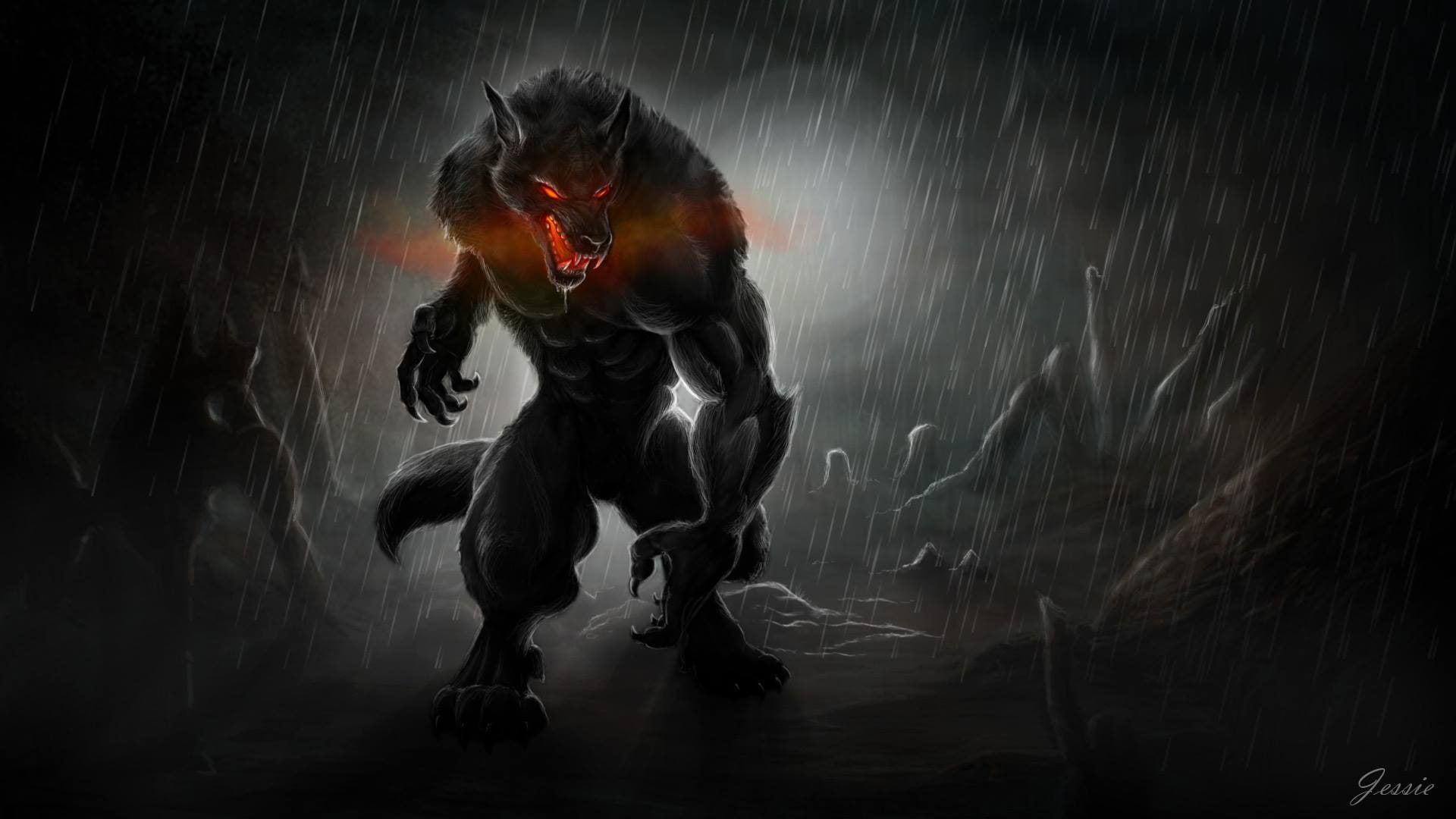 werewolves, creature, dark, fantasy, rain