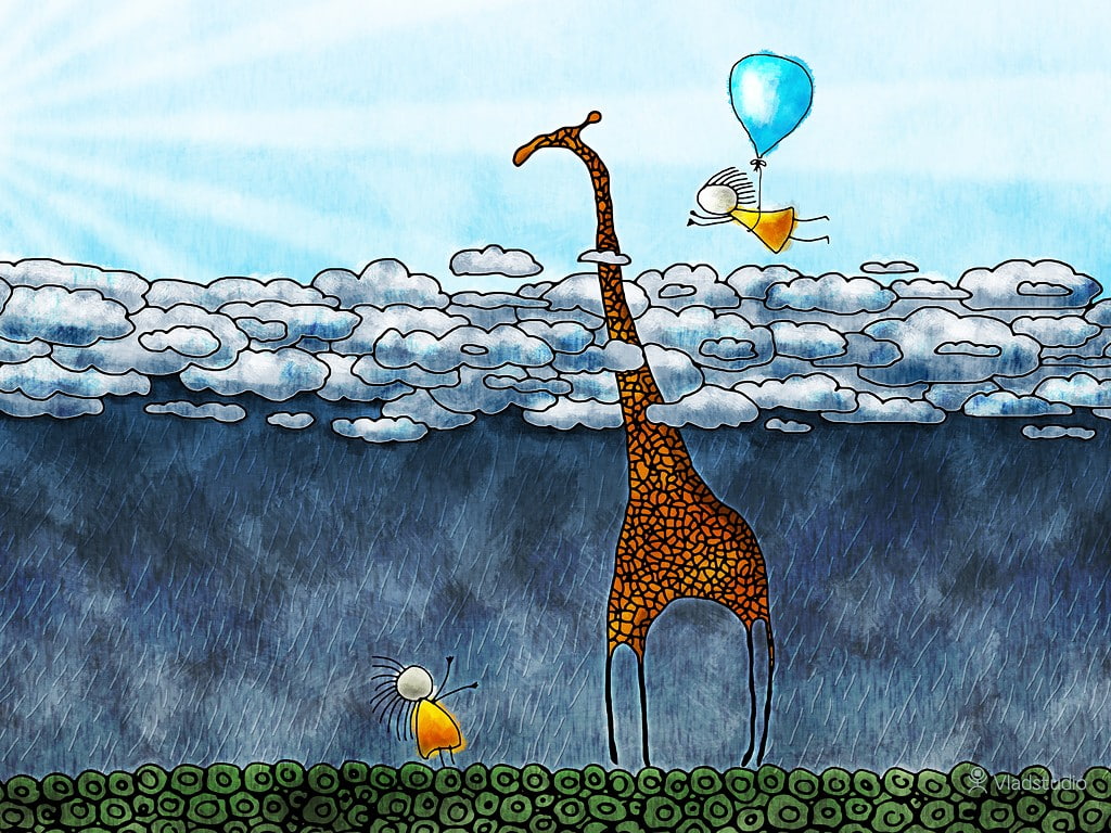 artwork, anime, clouds, balloon, giraffes, rain, nature, animals