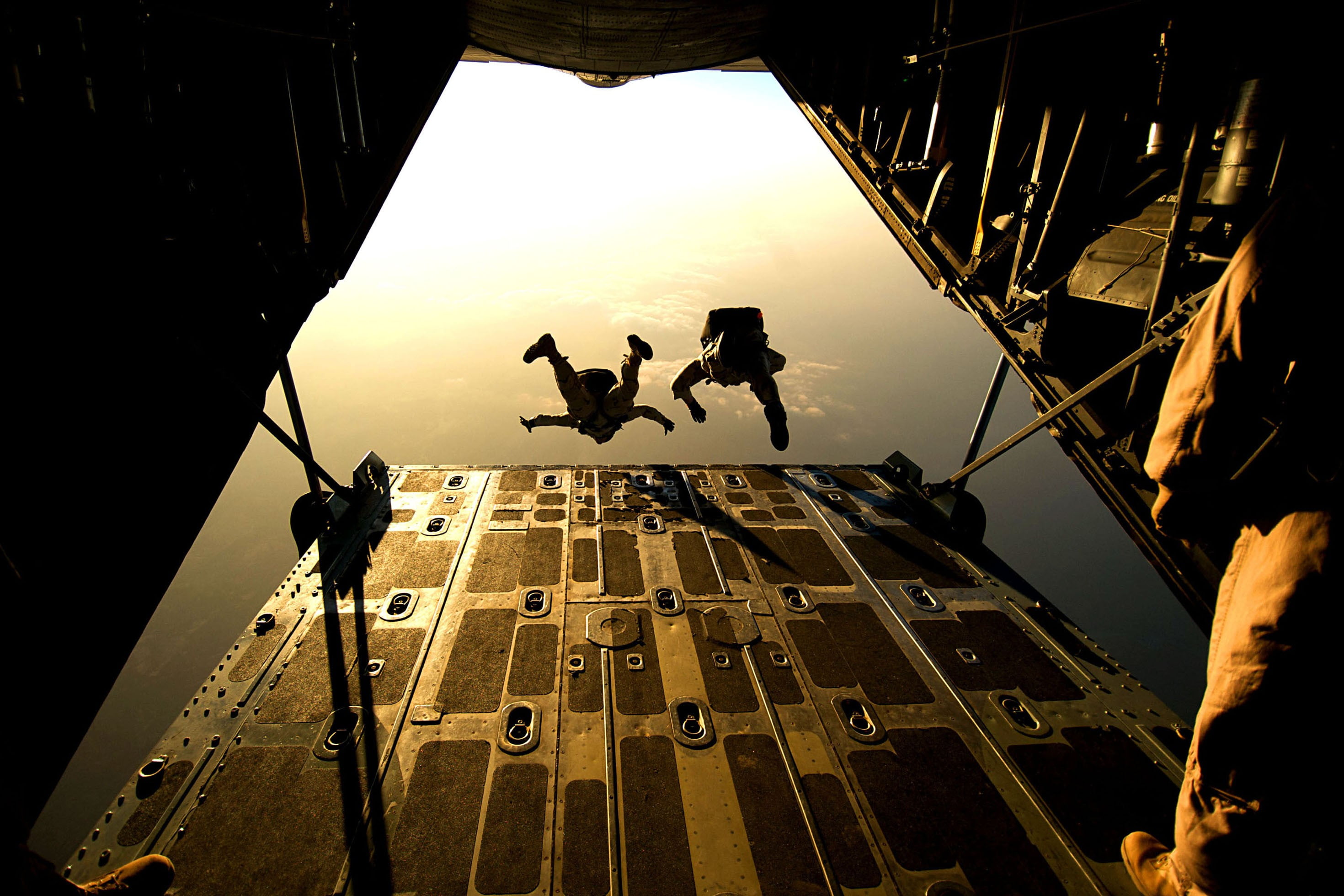 two persons black uniform, skydiving, military, military aircraft