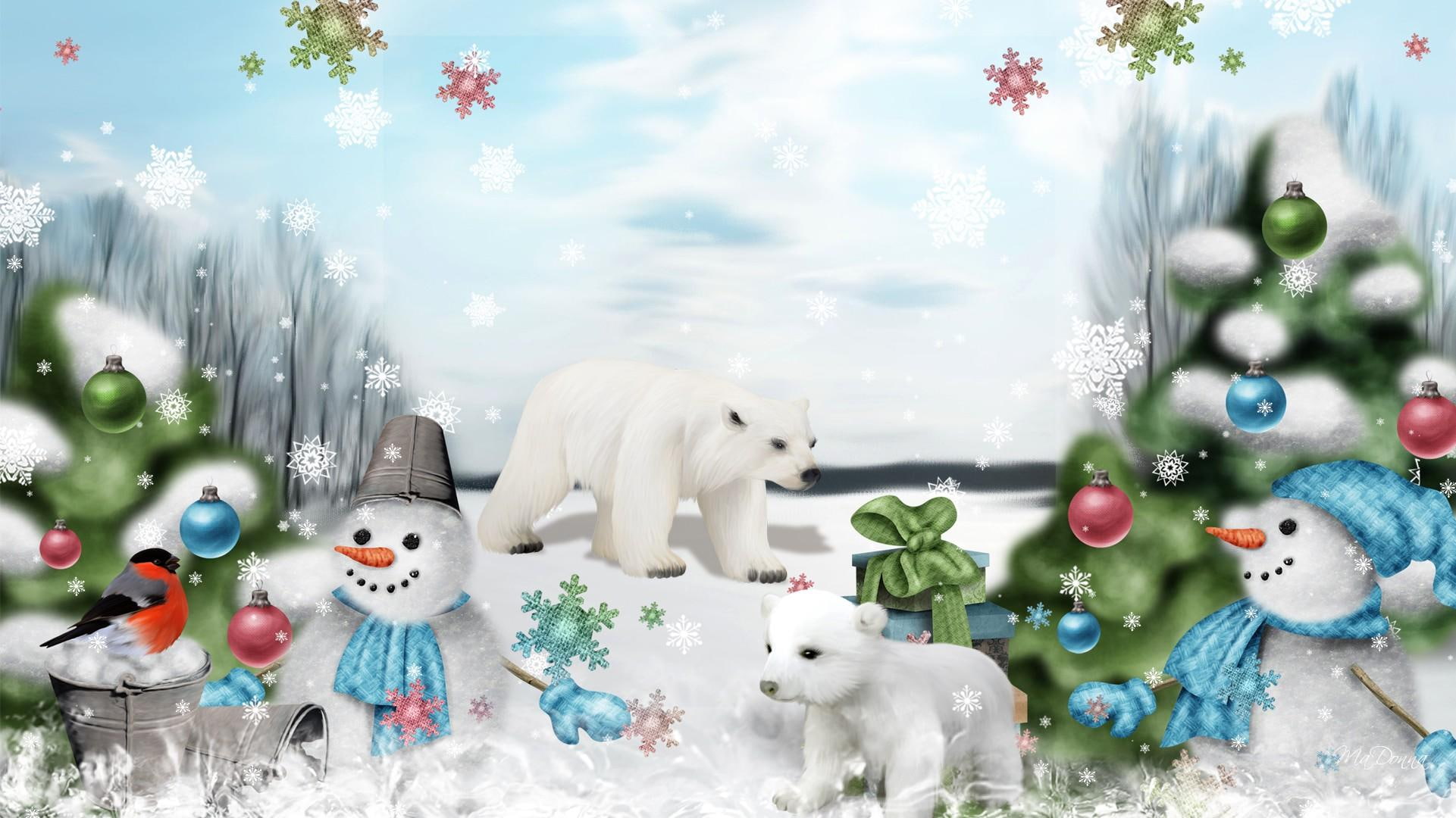 Christmas In The North, 2 polar bear and snowman illustration board