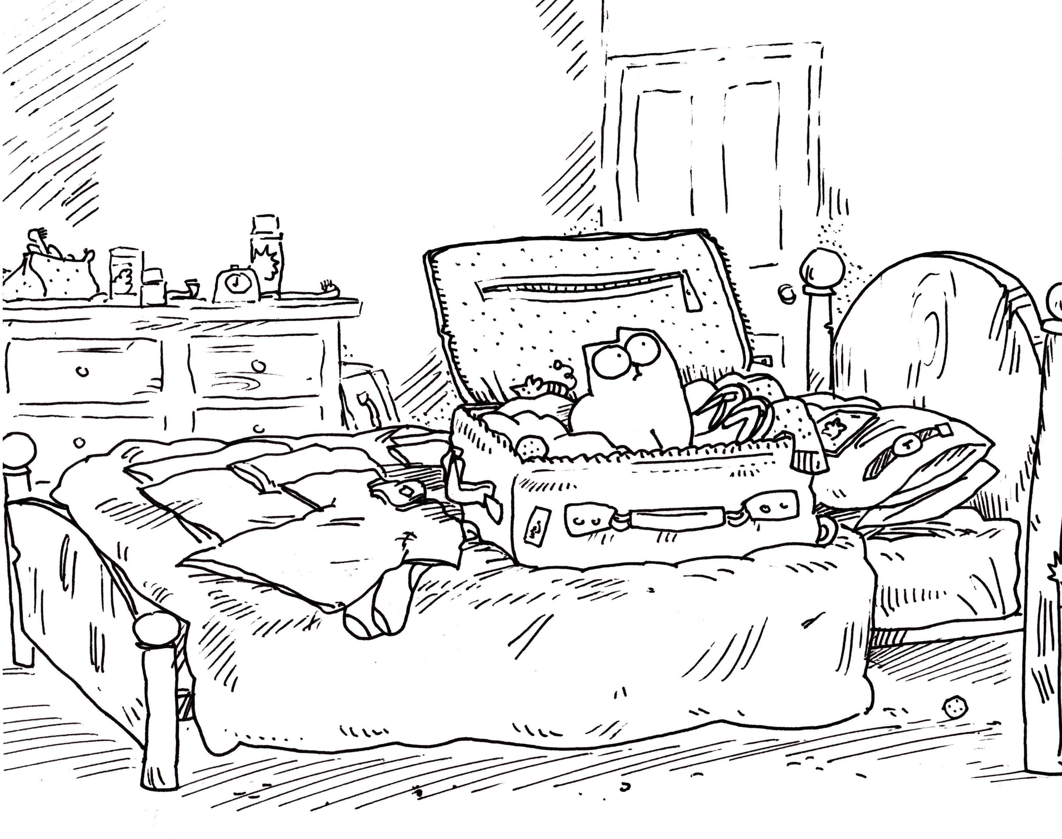 bed illustration, cat, room, figure, watch, humor, ball, the door