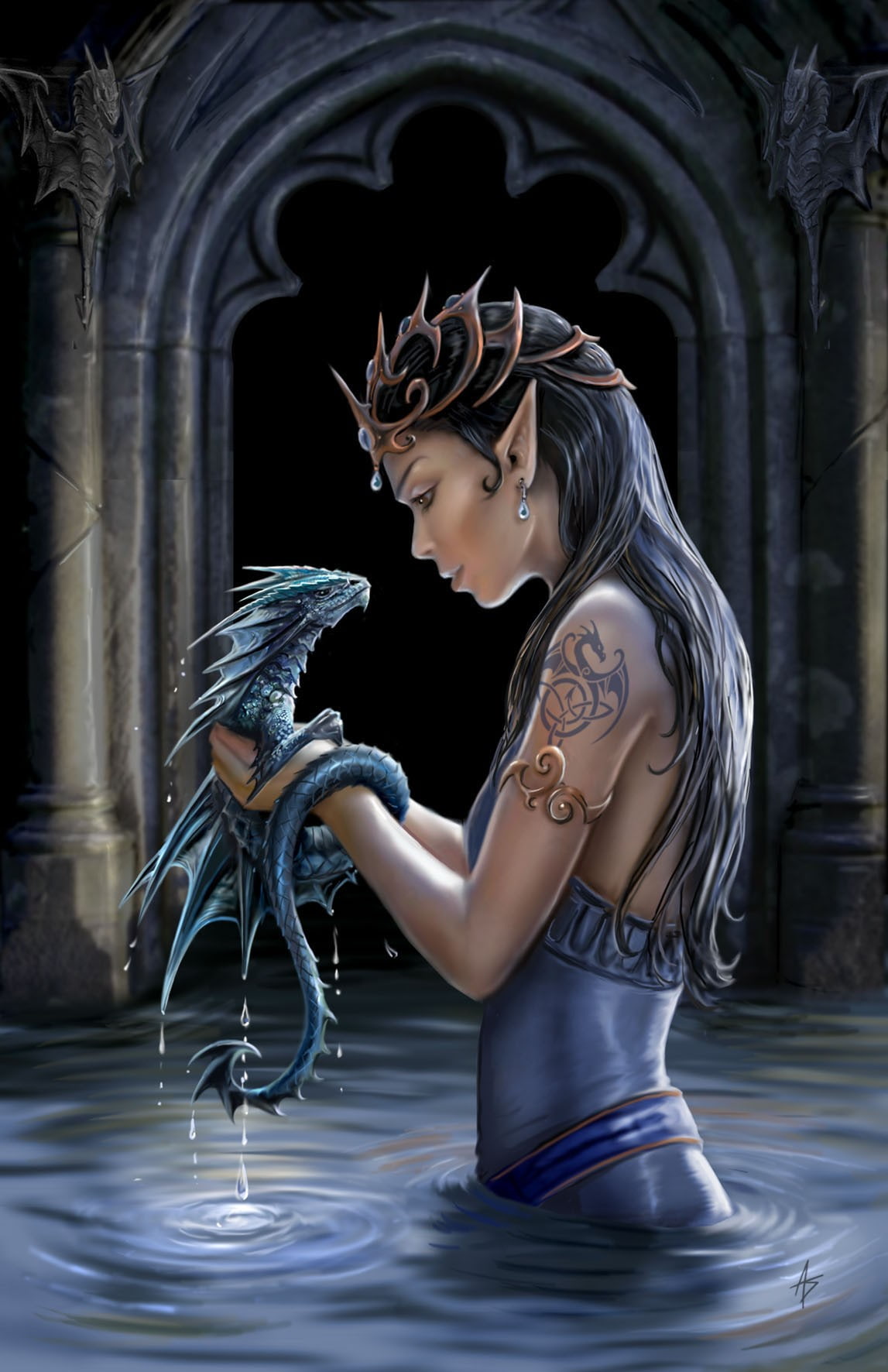 anne stokes women elves digital art fantasy art dragon portrait display gothic water tattoo water drops