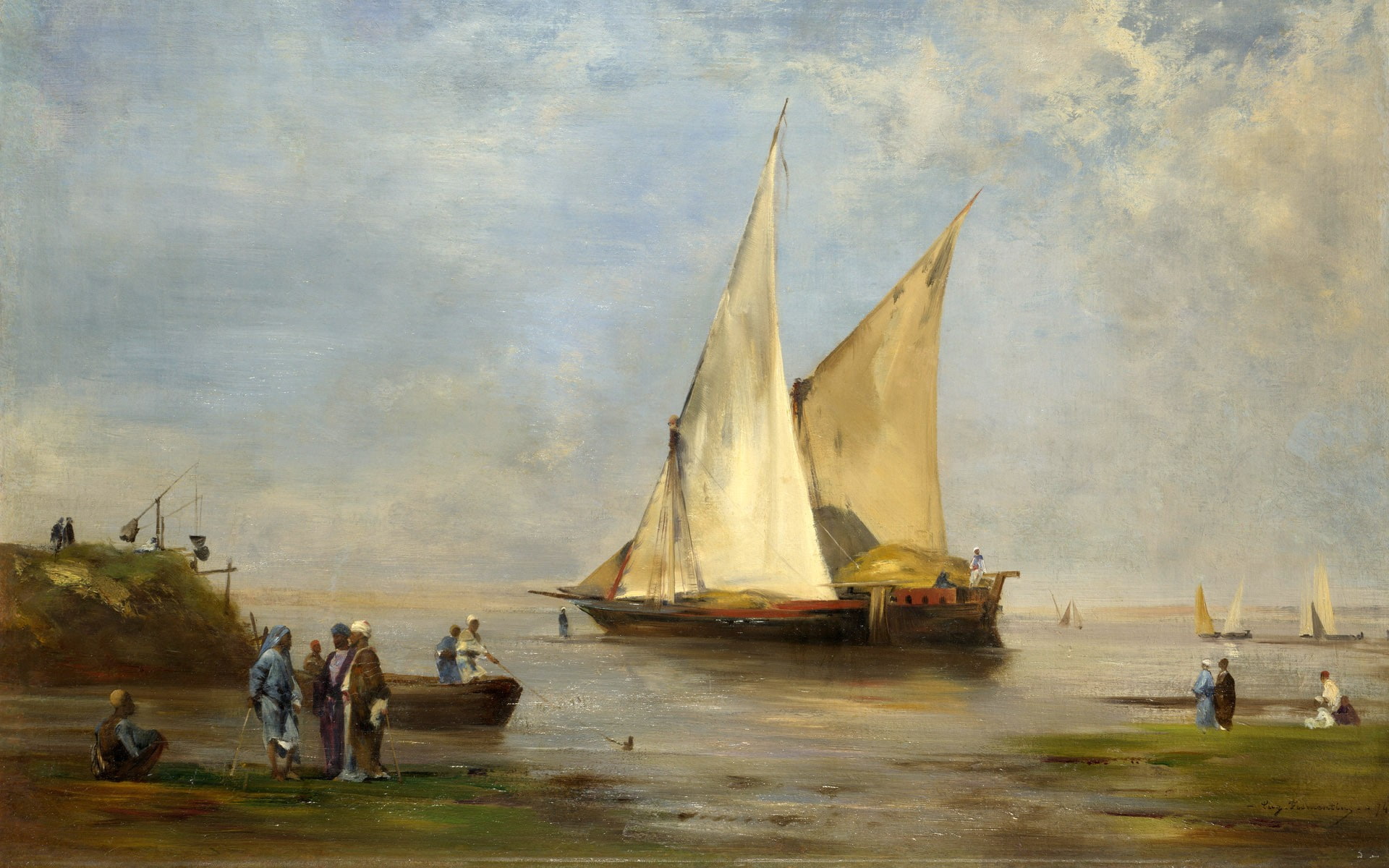 painting, boat, sea, Nile, classic art, Eugène Fromentin, group of people