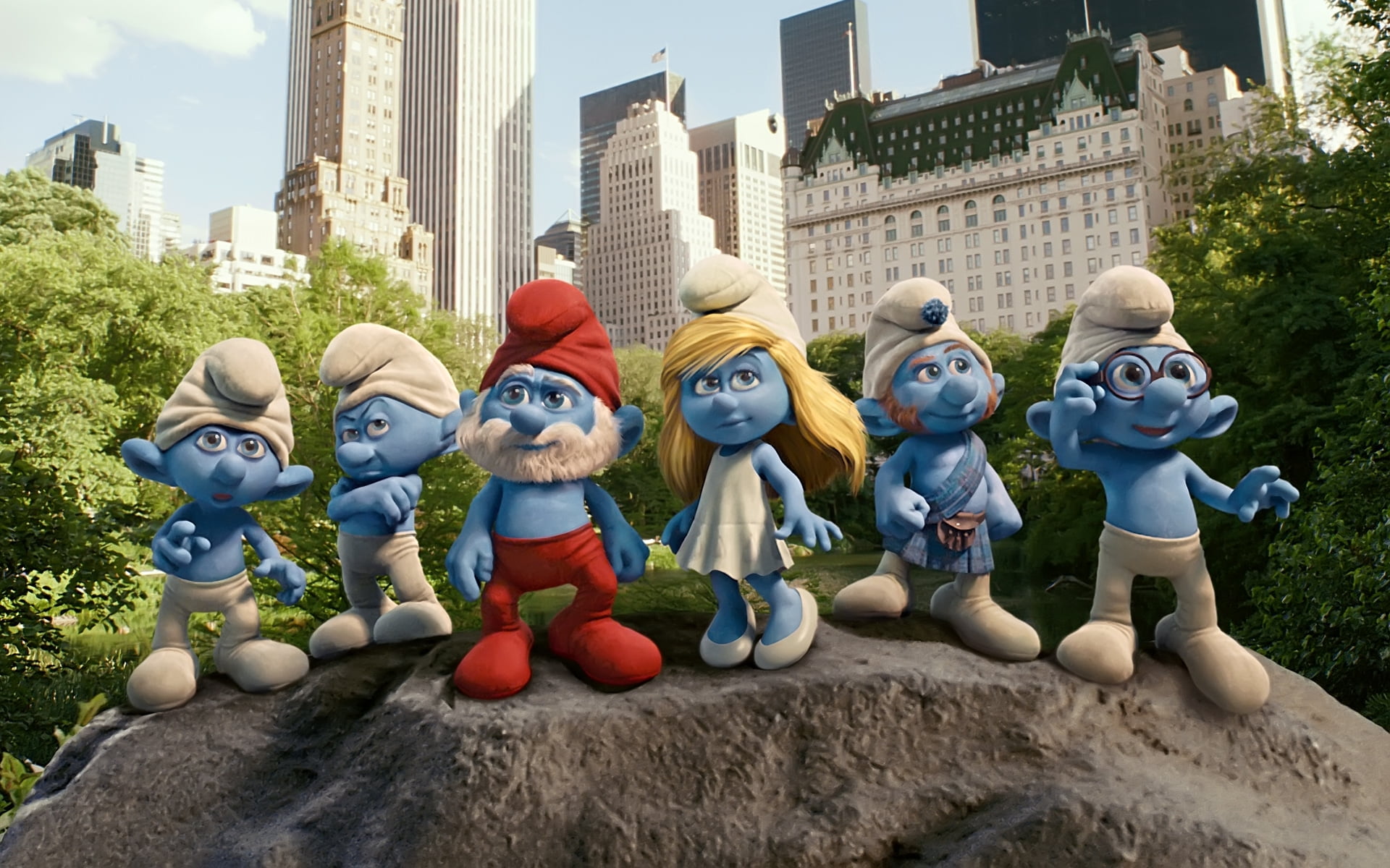 Smurfs movie wallpaper, the city, men, New York, blue, cartoons