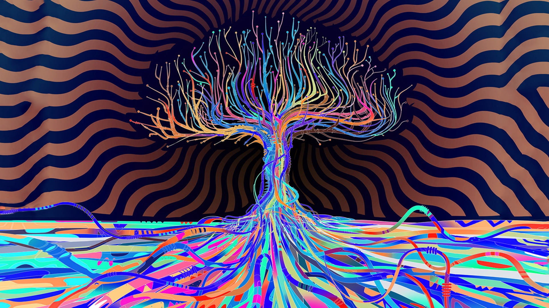 multicolored tree illustration, teal and multicolored tree illustration