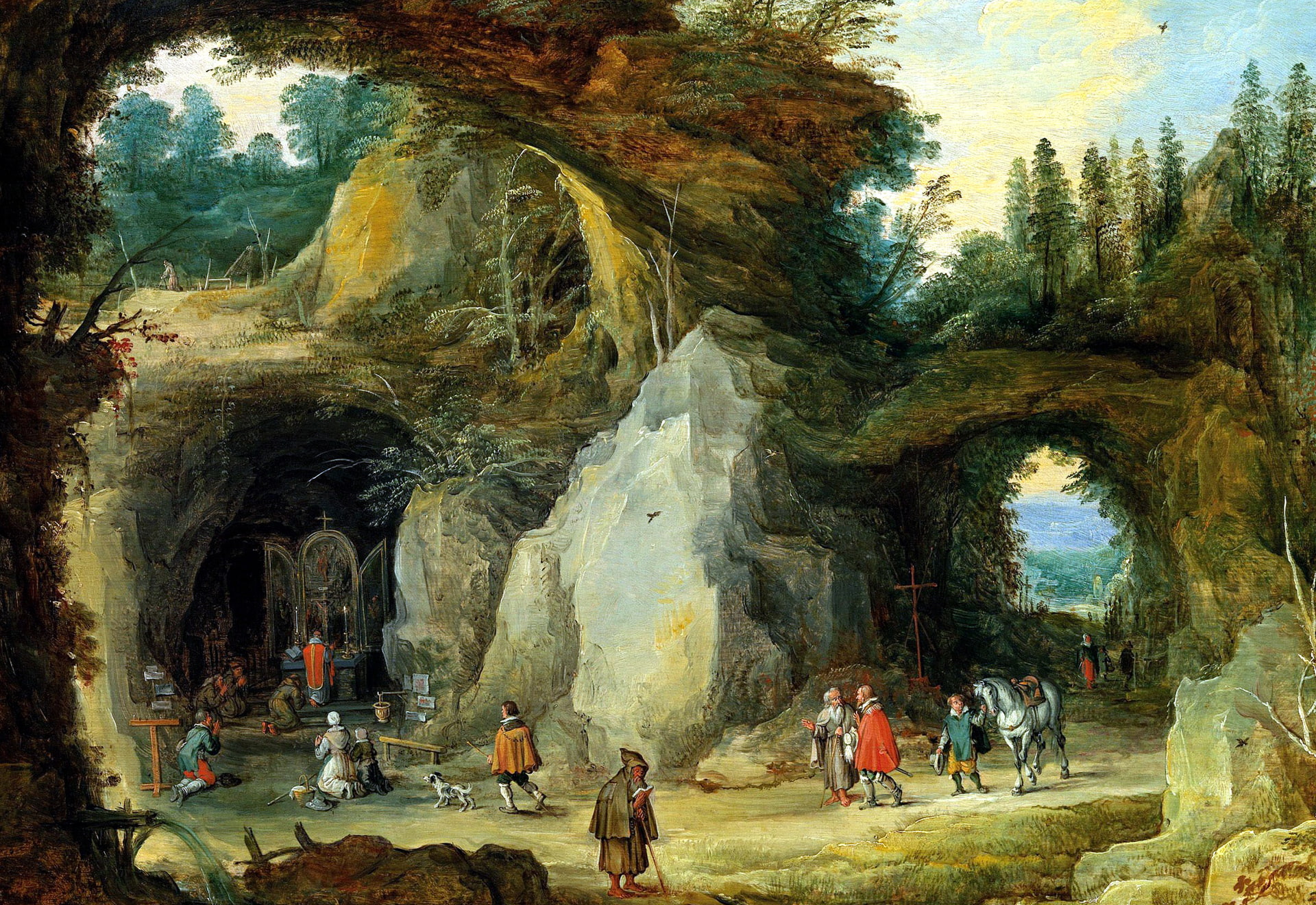 picture, genre, Jan Brueghel the elder, Mountain Landscape with Pilgrims at a Chapel in the Grotto