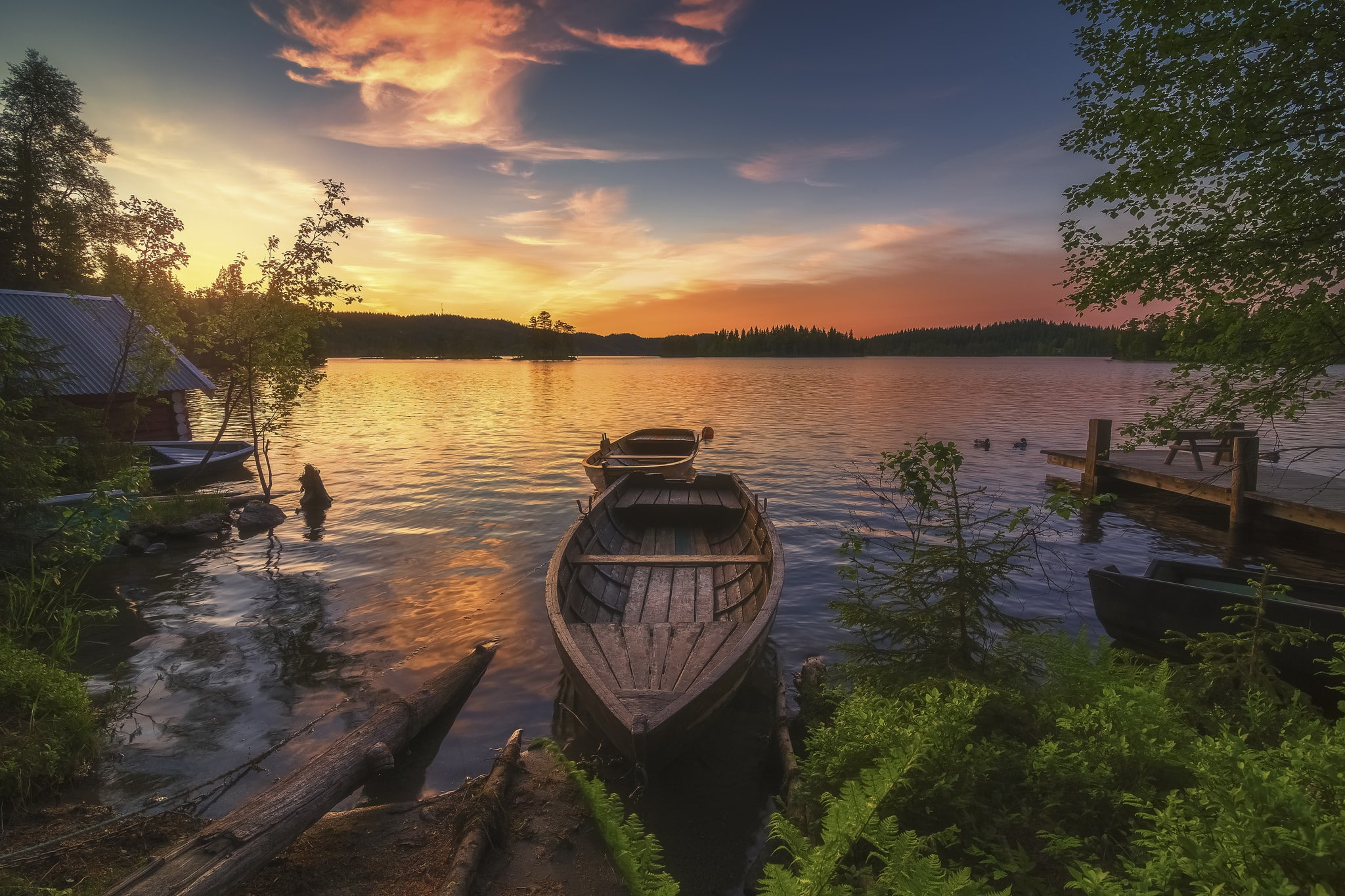 landscape, water, lake, rowboat, sunset, sky, plant, nautical vessel