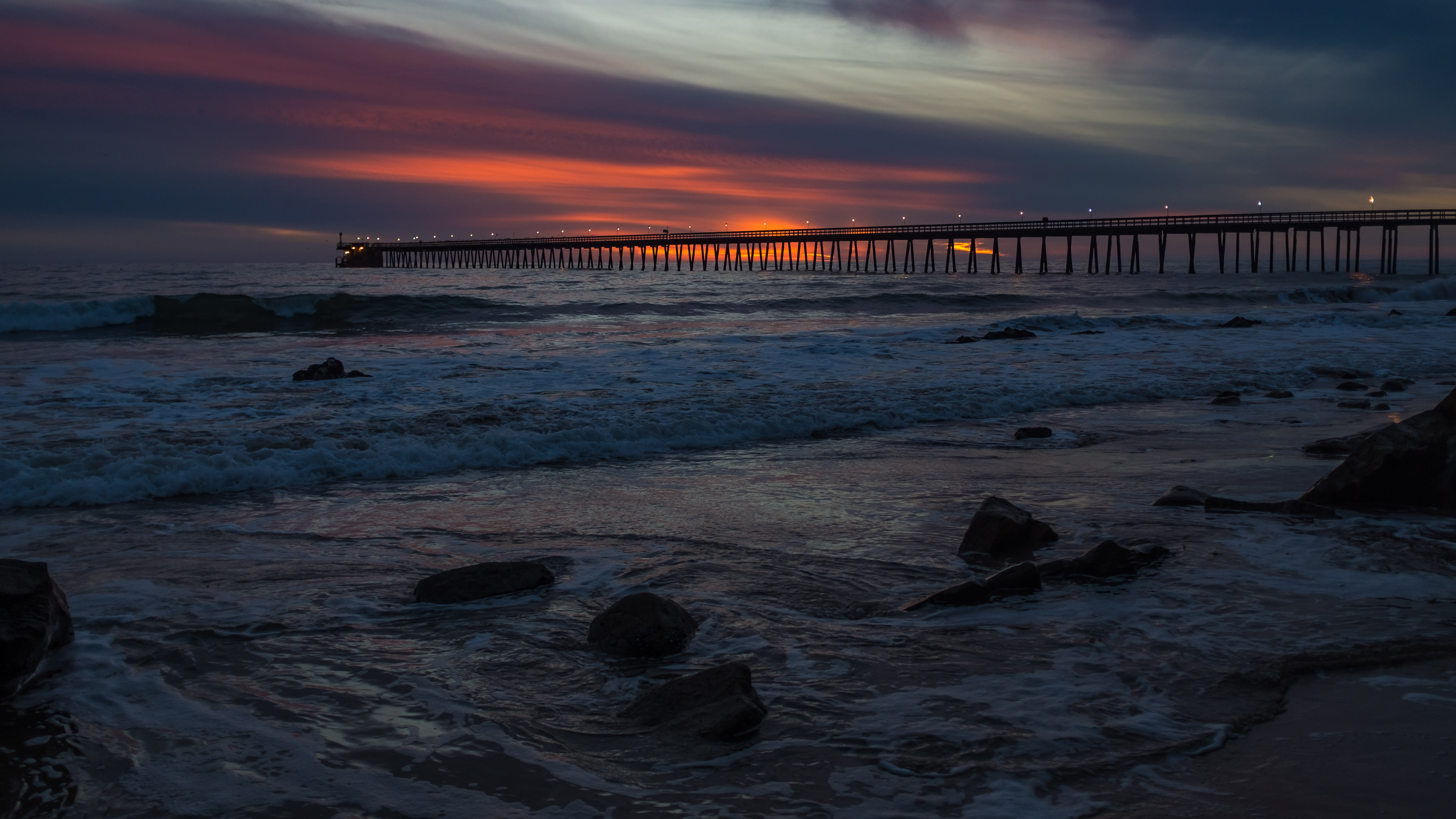 photo of sea and bridge, Haskell, Beach, Sunset, Goleta, twilight