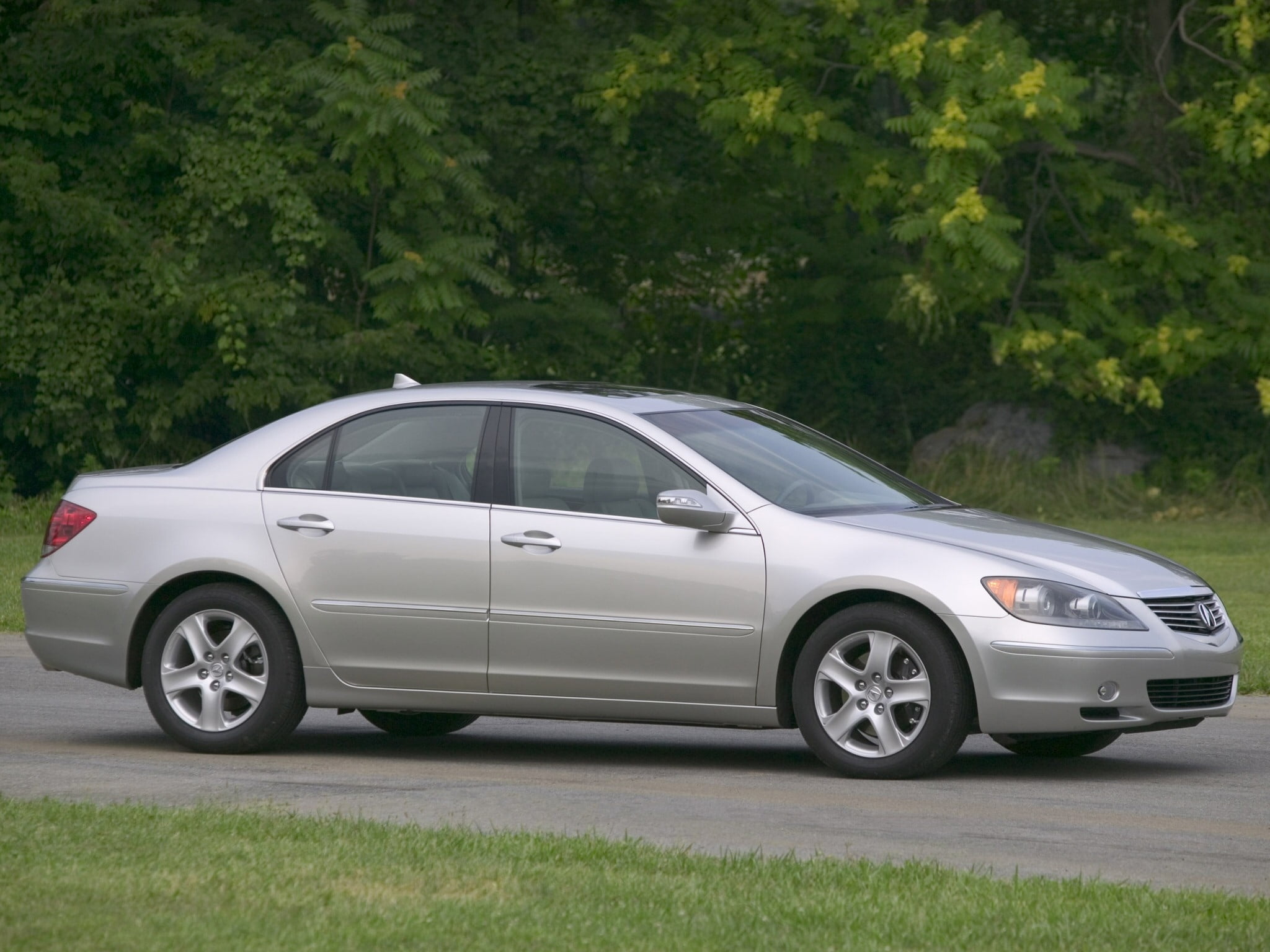 silver sedan, acura, rl, side view, car, grass, trees, land Vehicle