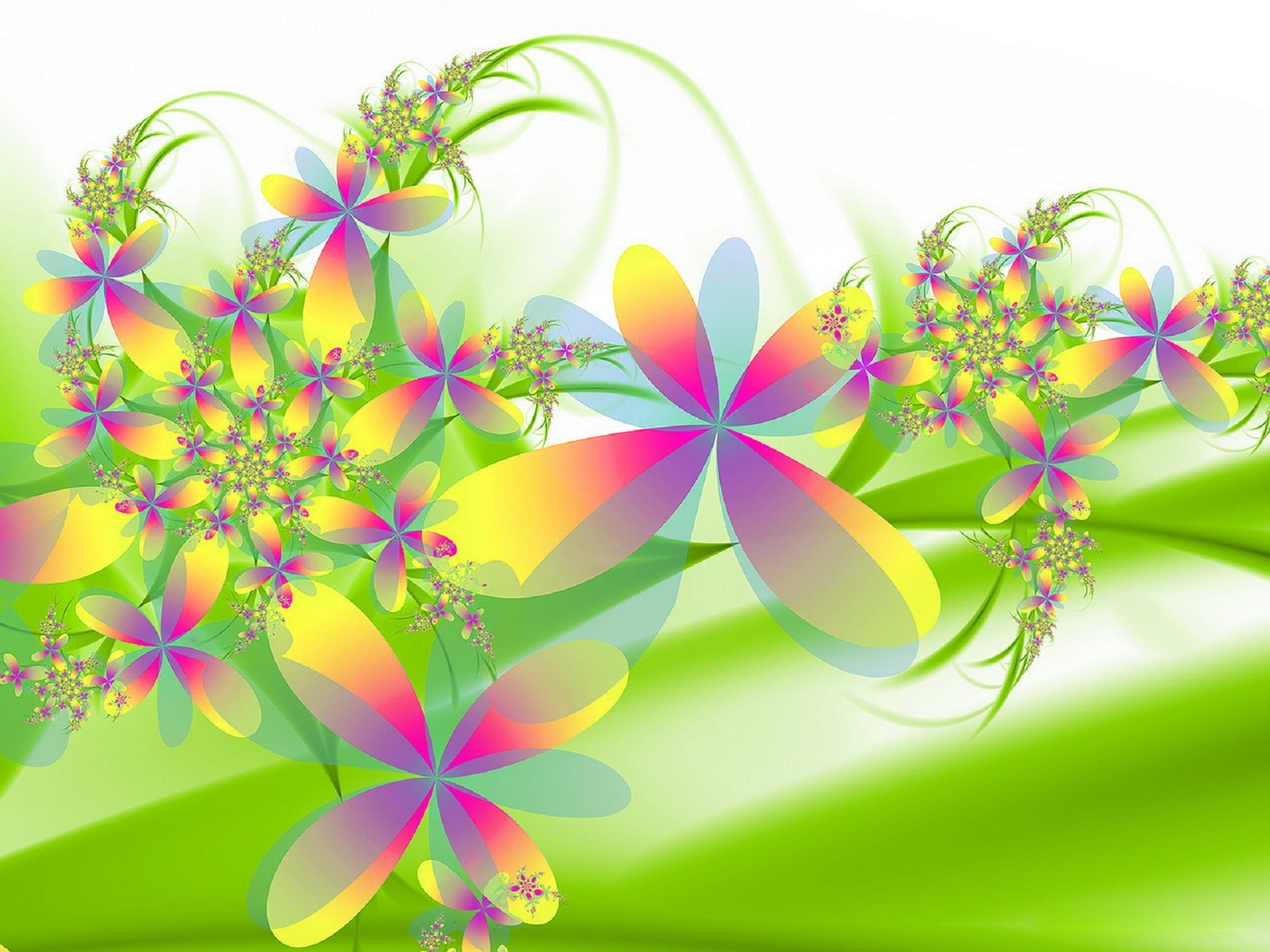 Flower bed plant, green, pink and yellow flower graphic drawing