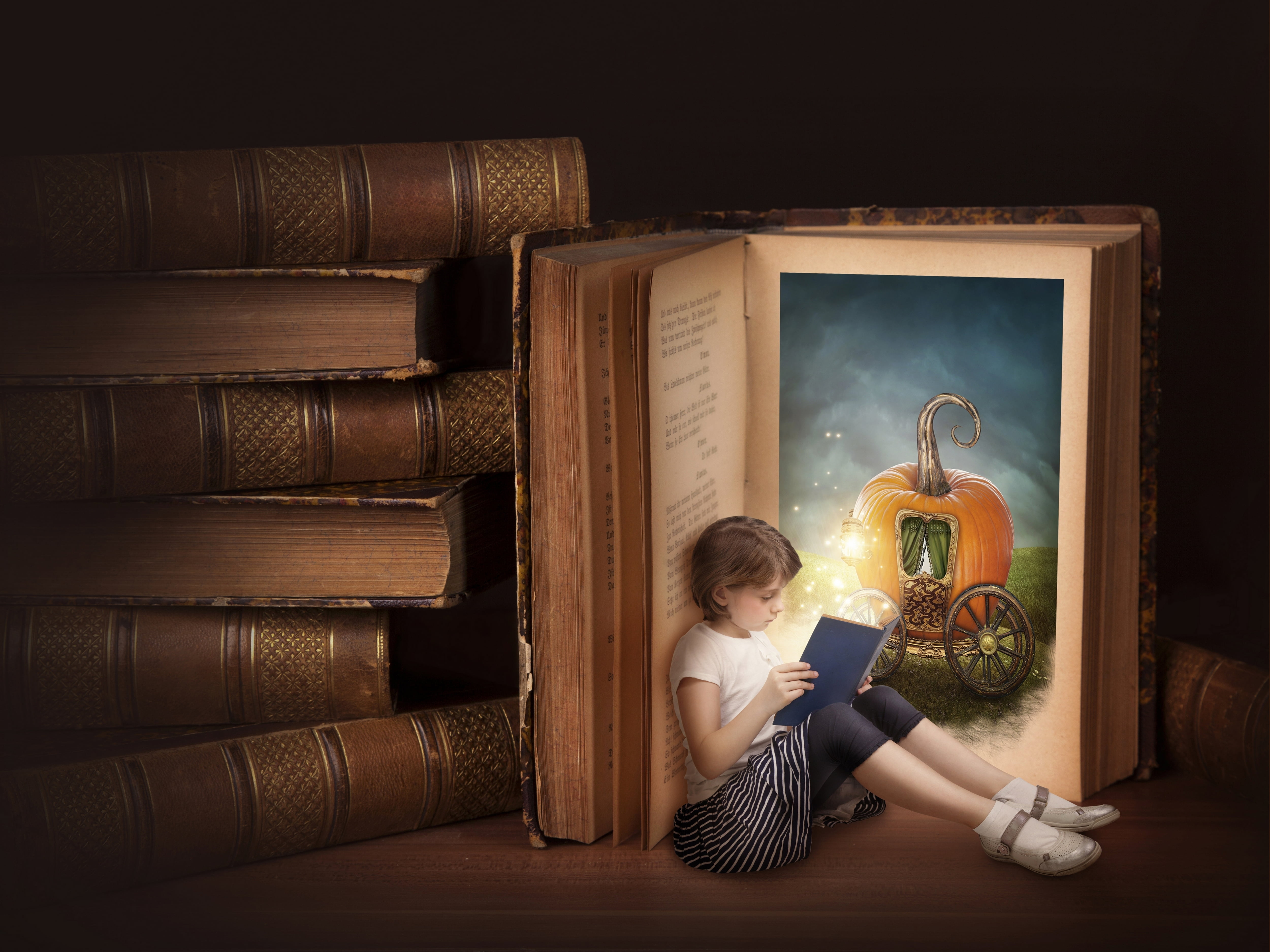 brown educational books, Alice, girl, pumpkin, coach, reading