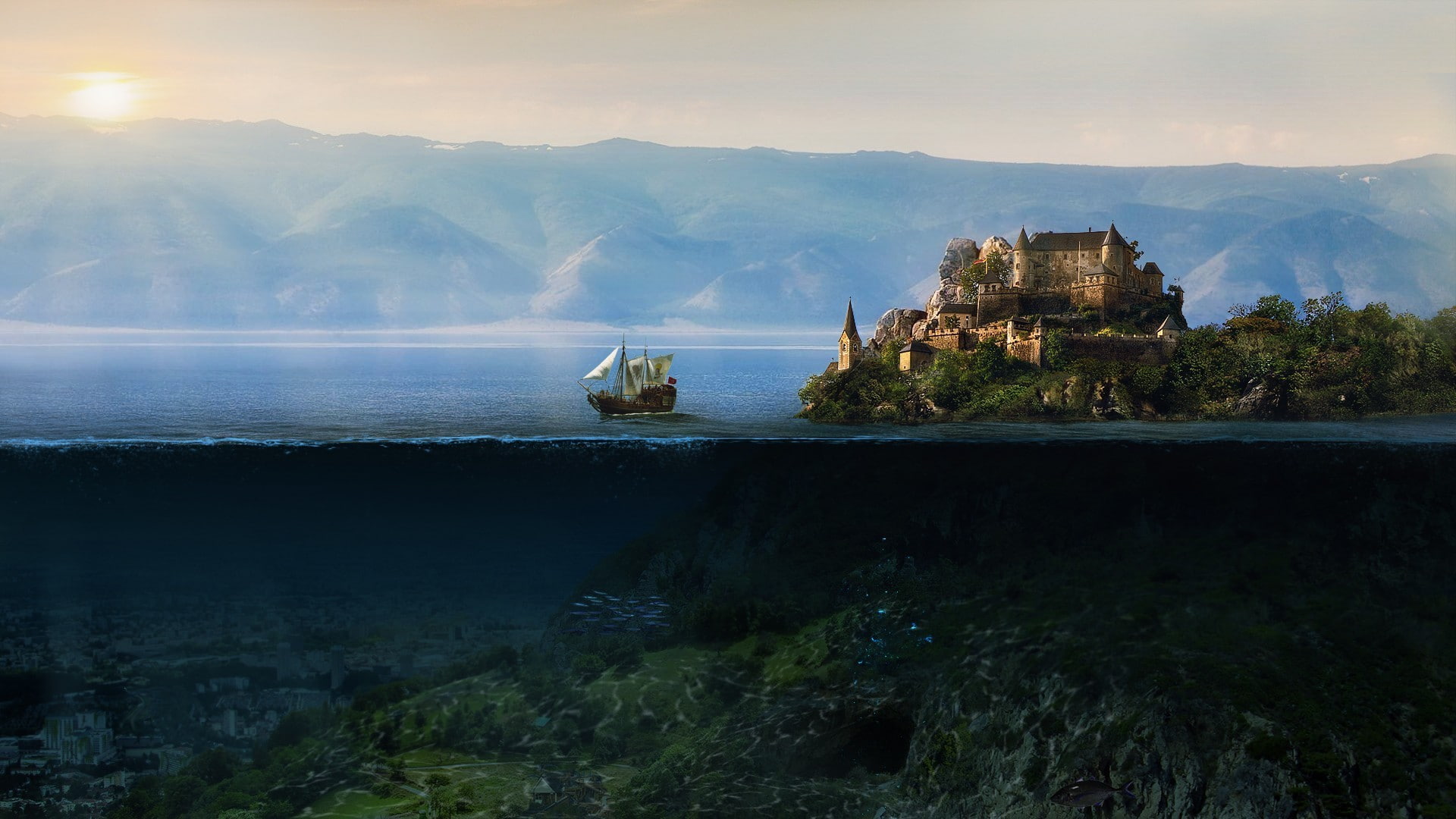sunken cities, underwater, split view, fantasy art, sailing ship