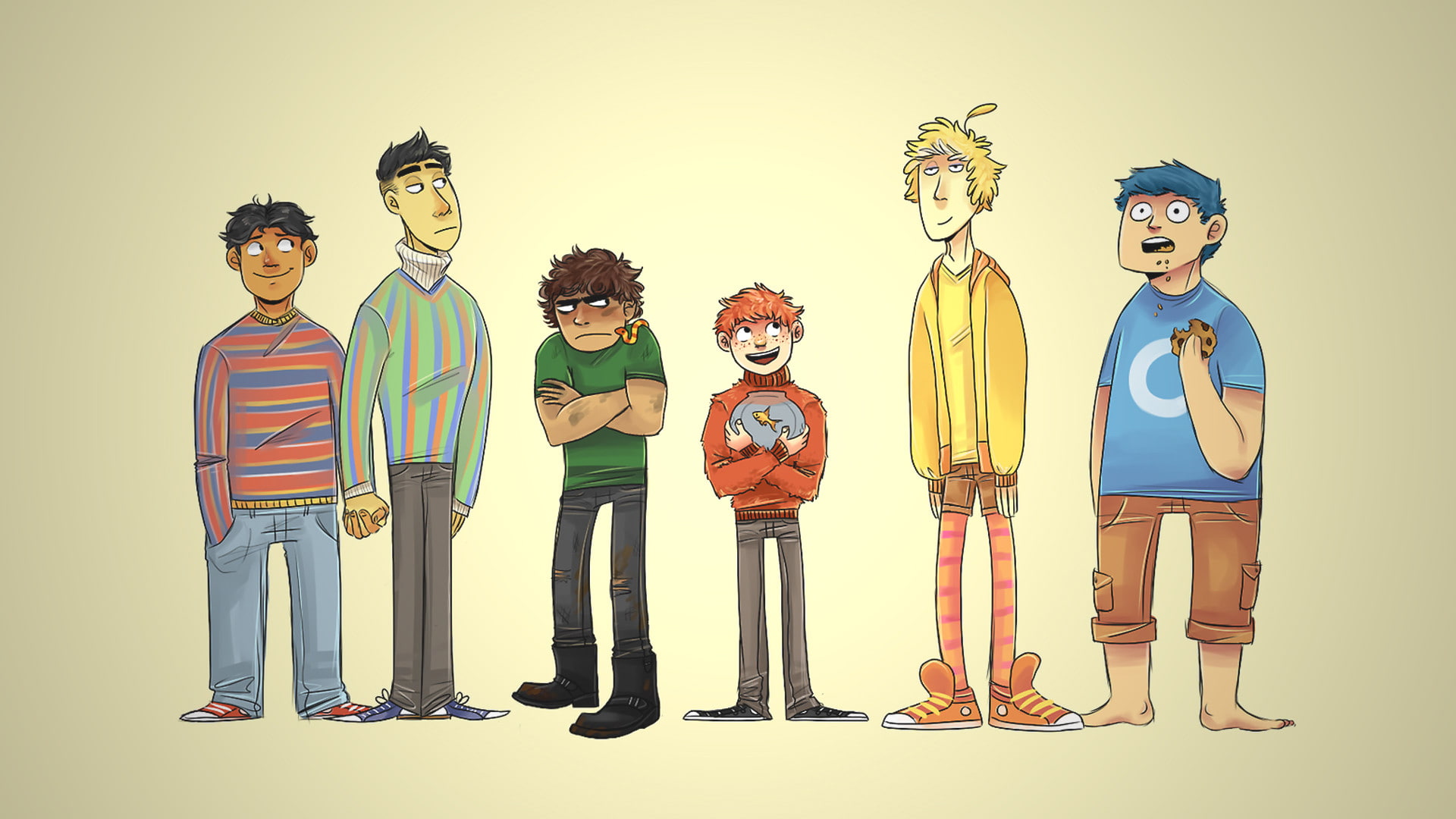 The Sesame Street Gang, childhood, boys, men, studio shot, males