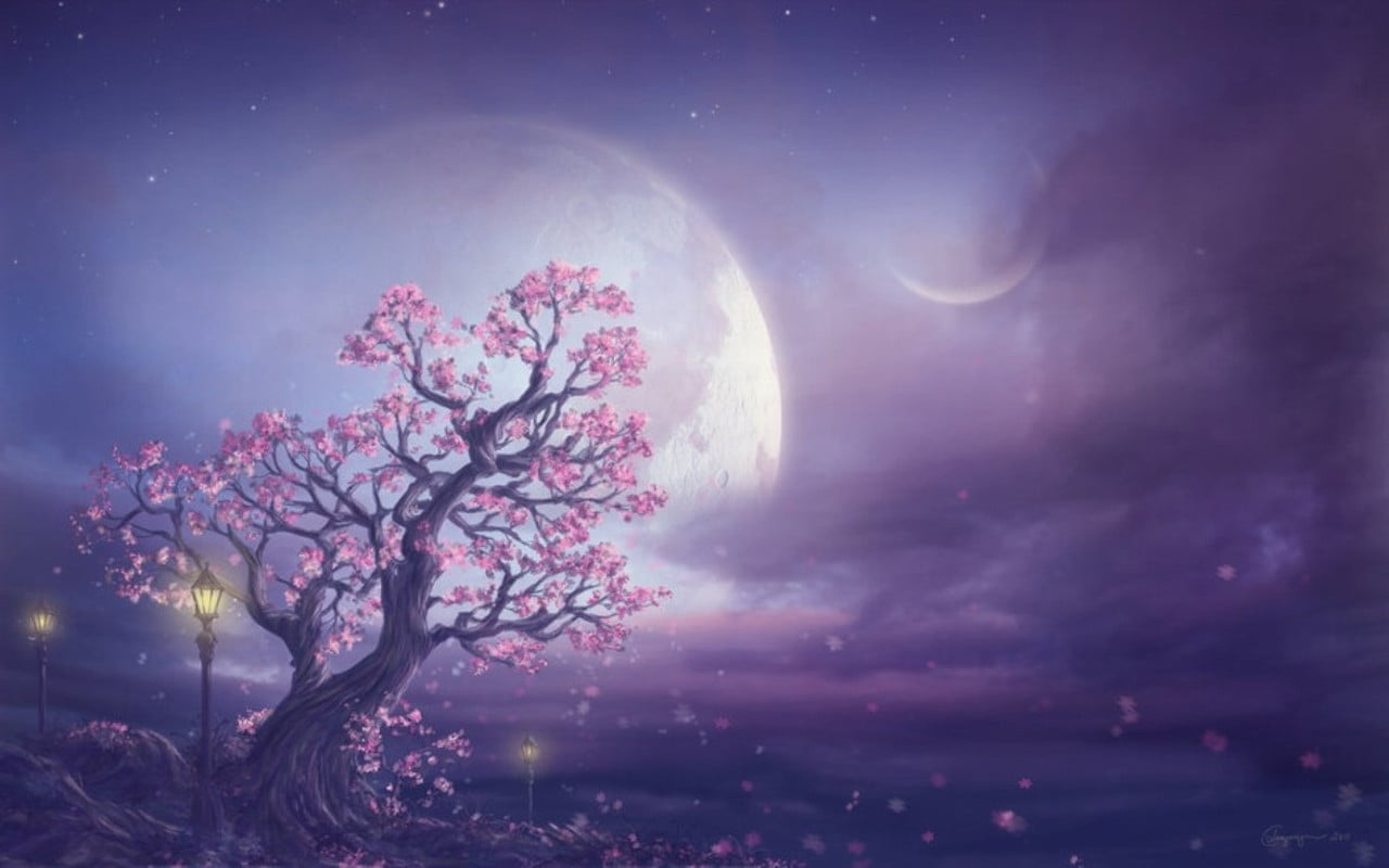 Pink Moon Fantasy Art, cherry blossoms painting, Art And Creative