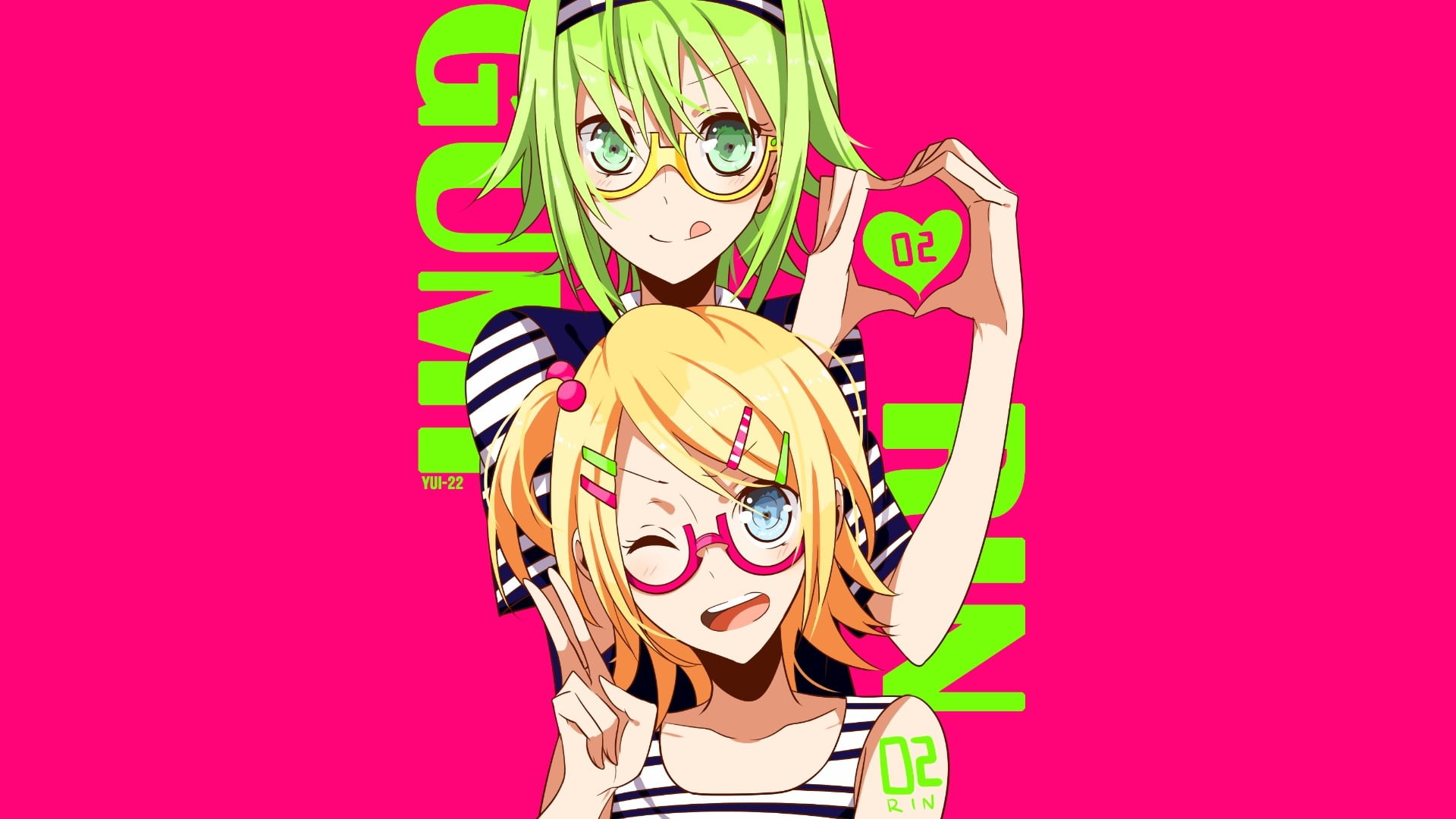 anime, Vocaloid, Megpoid Gumi, Kagamine Rin, pink background