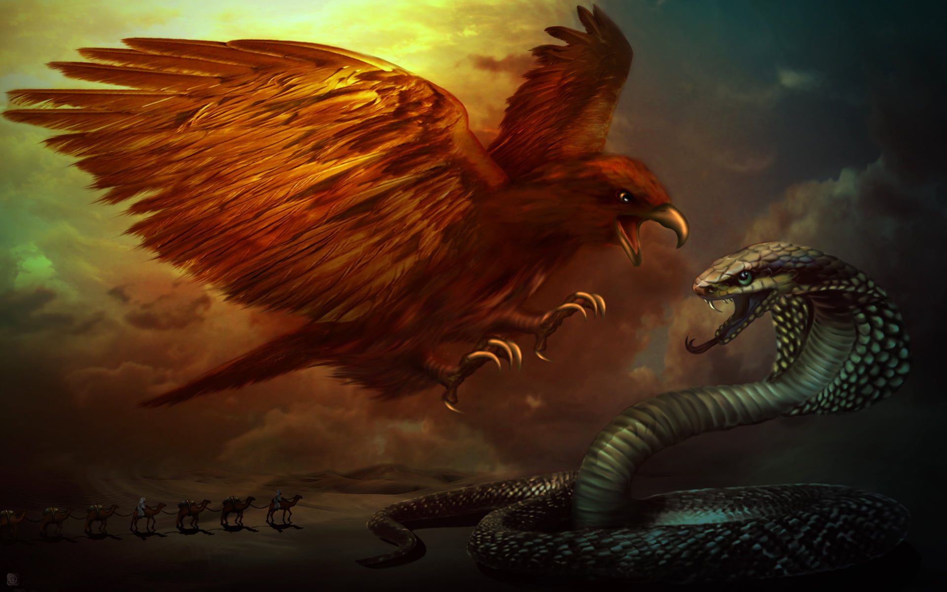 red bird and gray serpent digital wallpaper, eagle, desert, snake