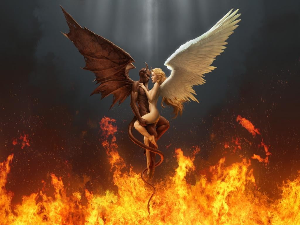 demon and angel illustration, devils, love, bird, flying, animal Wing