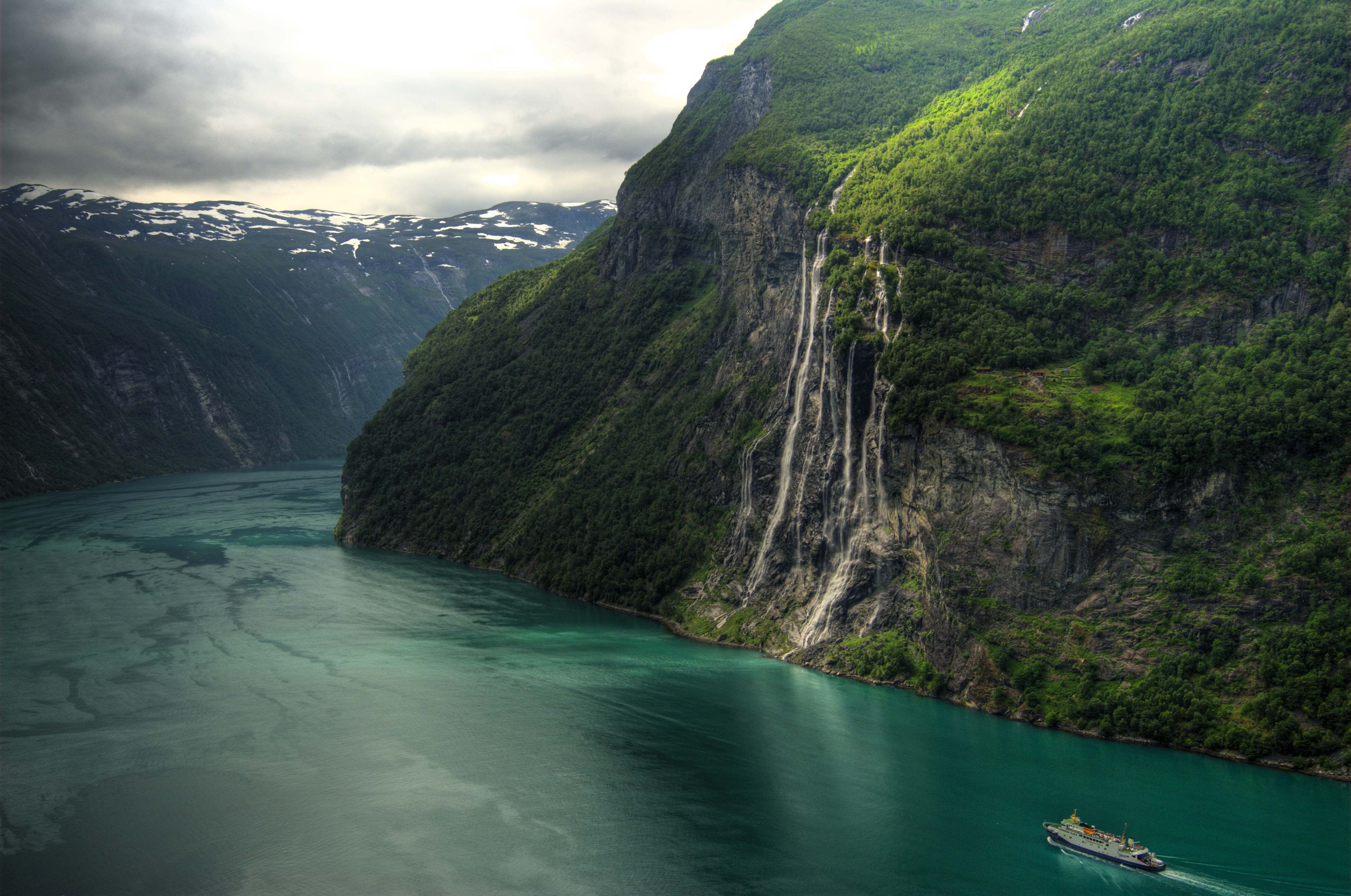body of water, mountains, nature, ship, waterfall, Norway, beautiful